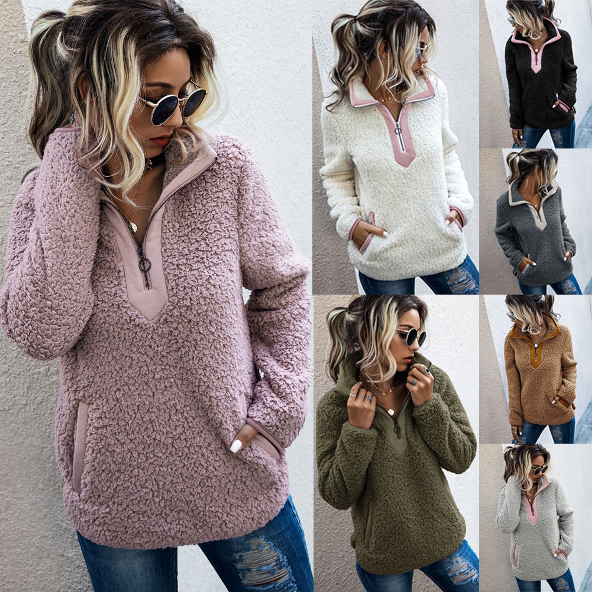 Zipper pocket high neck long sleeve women 's blouse sweater - enhanced image 2