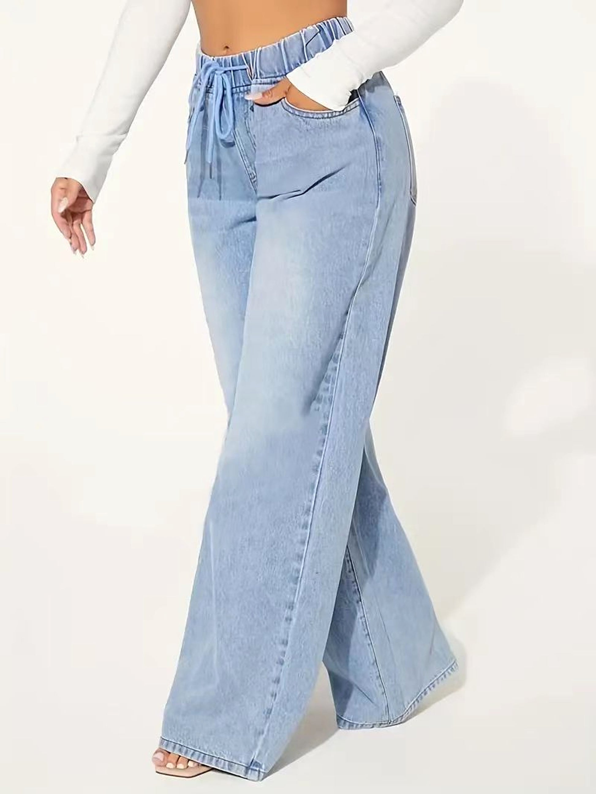 25 Edition – High Waist Drawstring Wide Leg Jeans – Light Blue - enhanced image 3