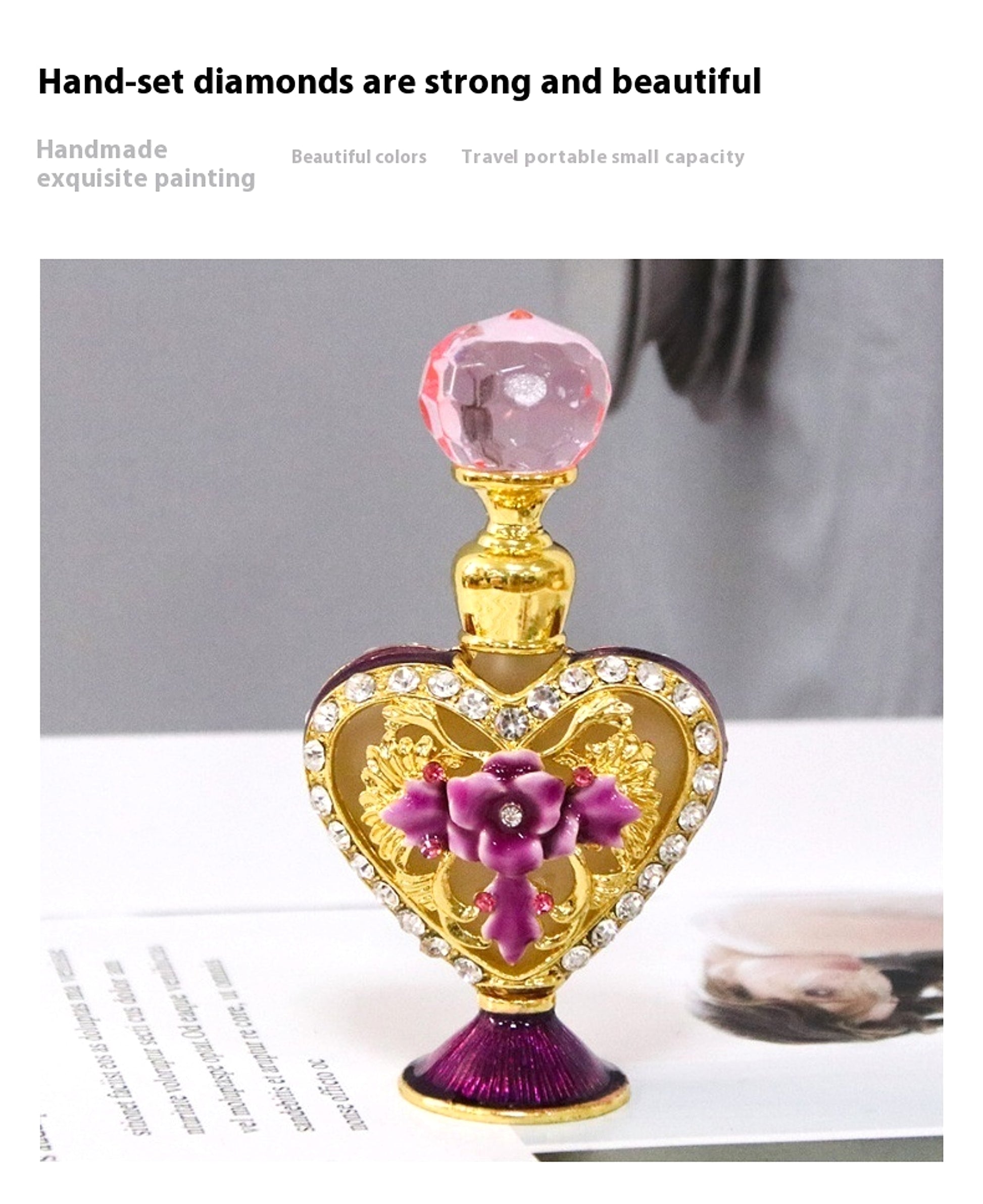 Magical 4ml Small Heart-shaped Hand Painting Flower Rhinestone-embedded Perfume Bottle - enhanced image 3