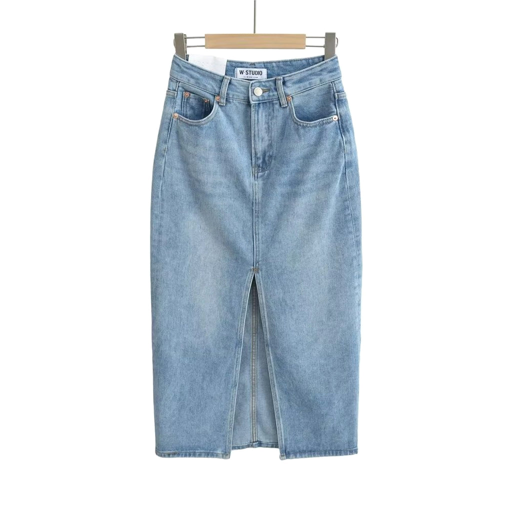 A1. Front Slit Hem Lock Street Denim Skirt - enhanced image 3