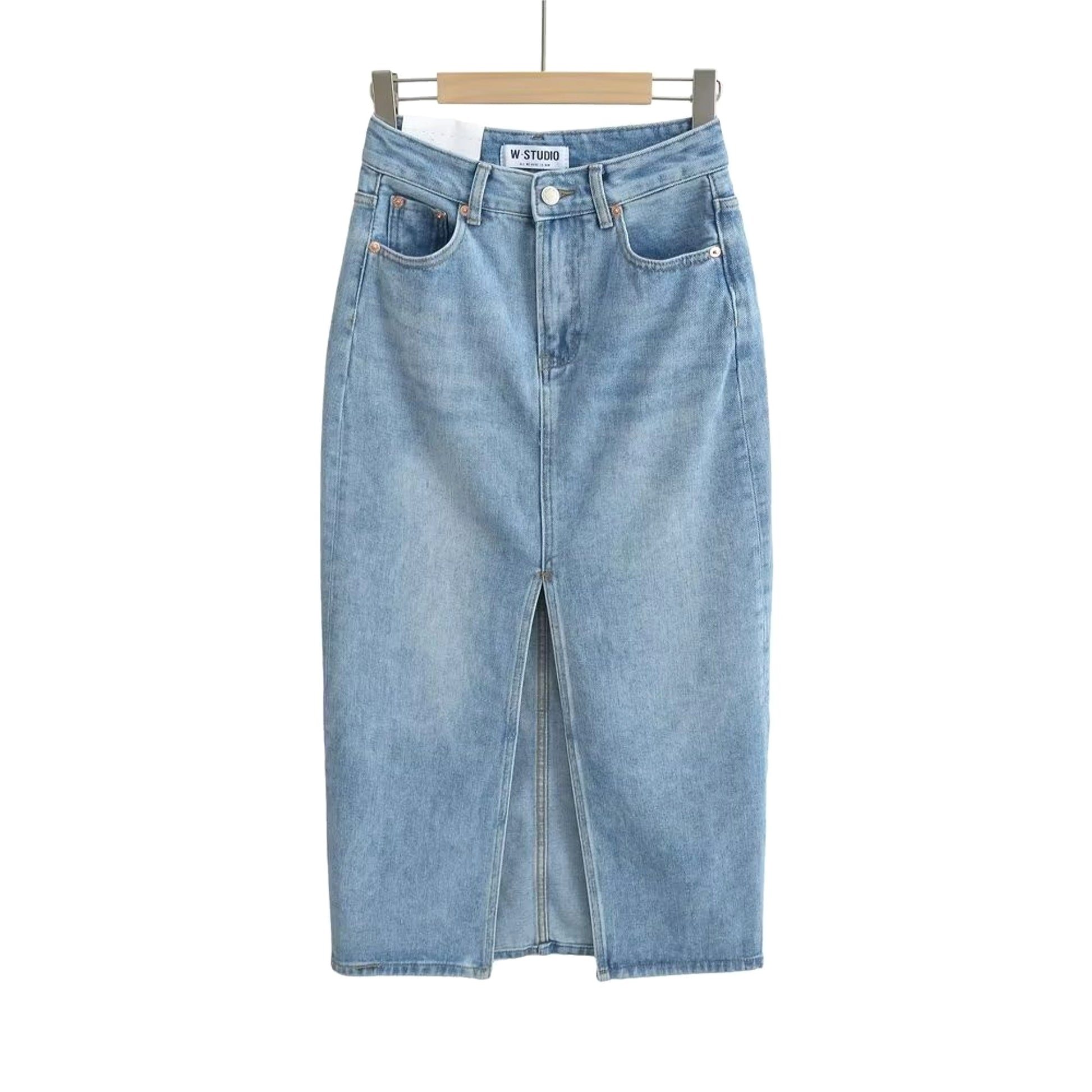 A1. Front Slit Hem Lock Street Denim Skirt - enhanced image 3