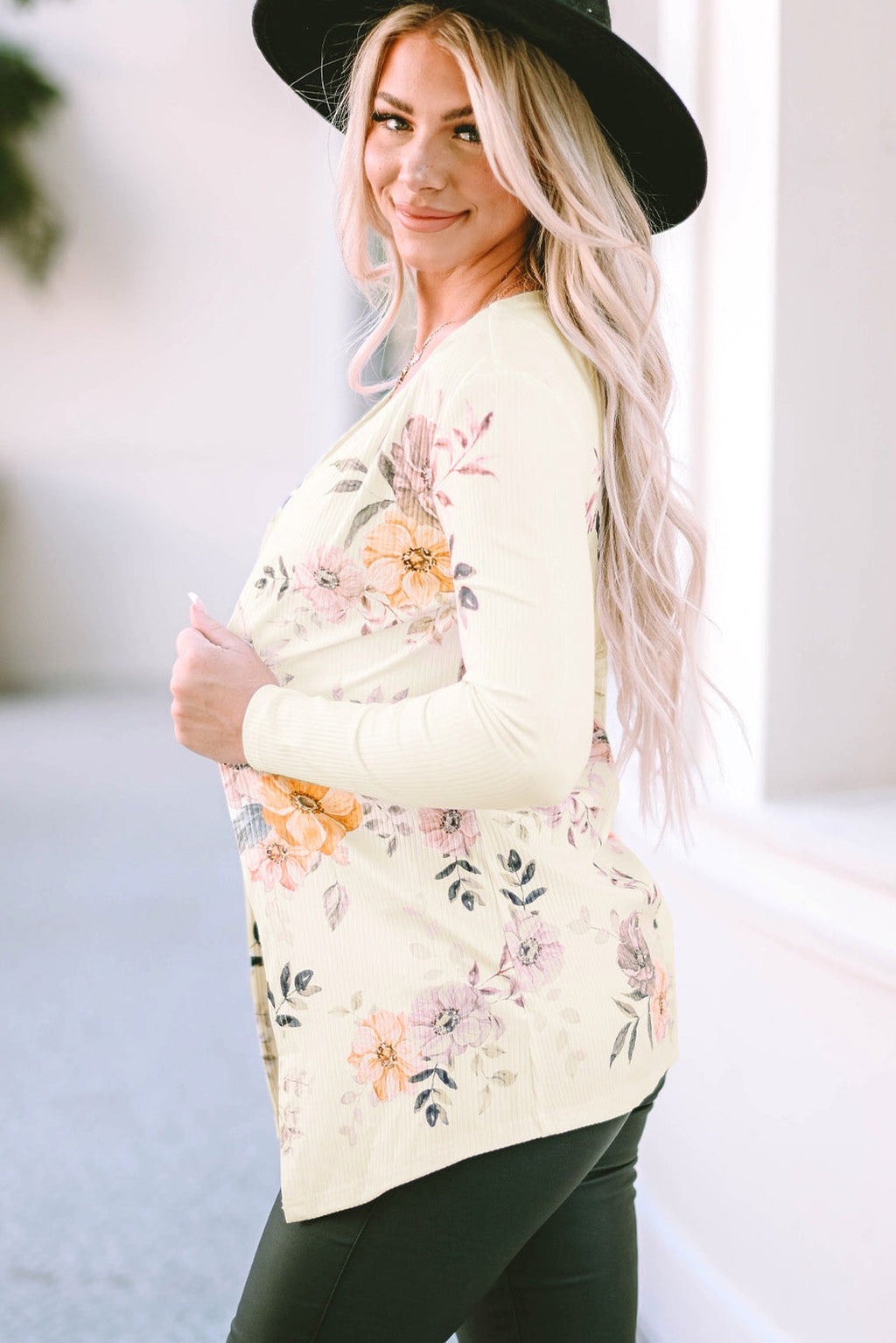 Apricot Floral Print Ribbed Knit Slim Fit Cardigan - enhanced image 3