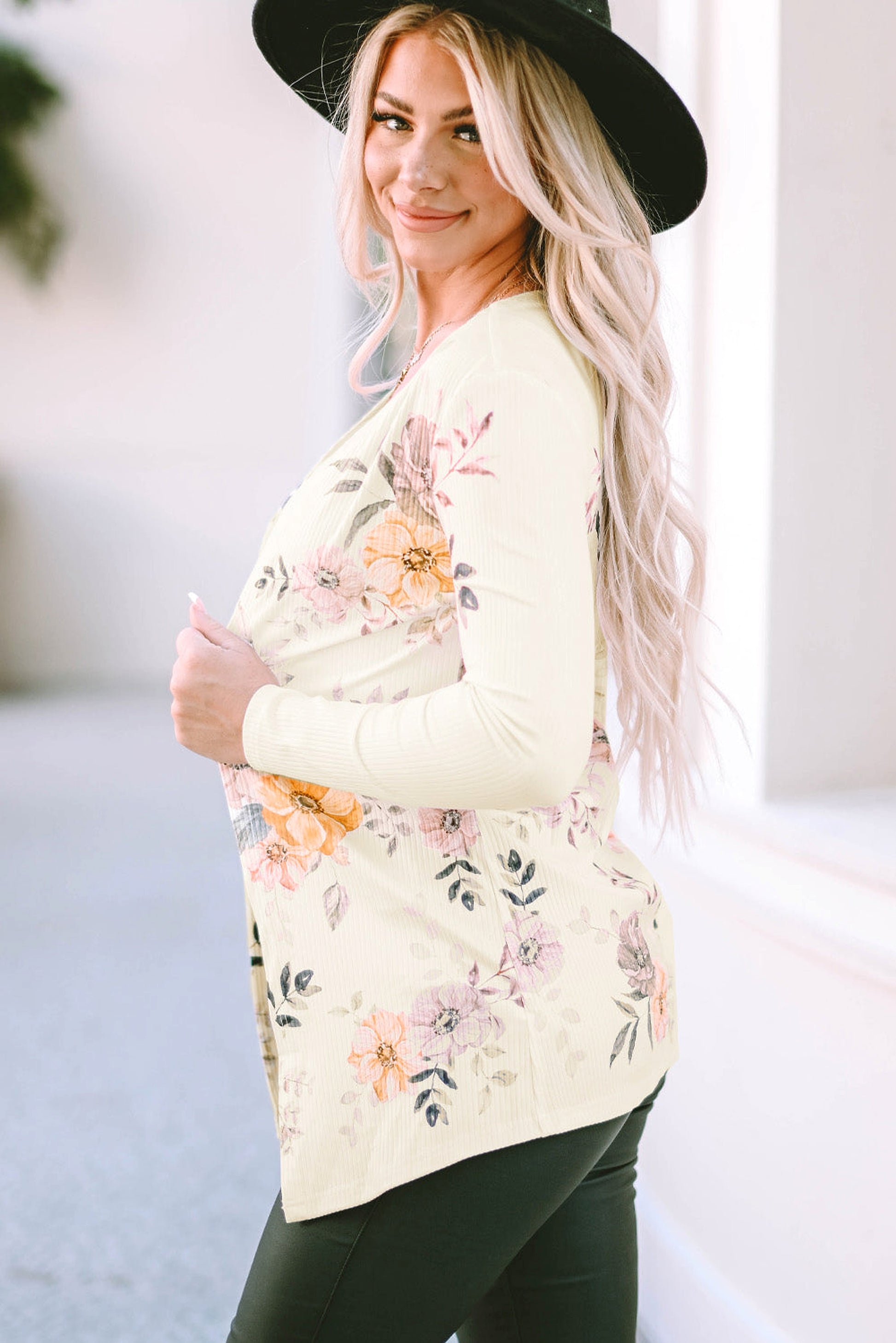Apricot Floral Print Ribbed Knit Slim Fit Cardigan - enhanced image 3