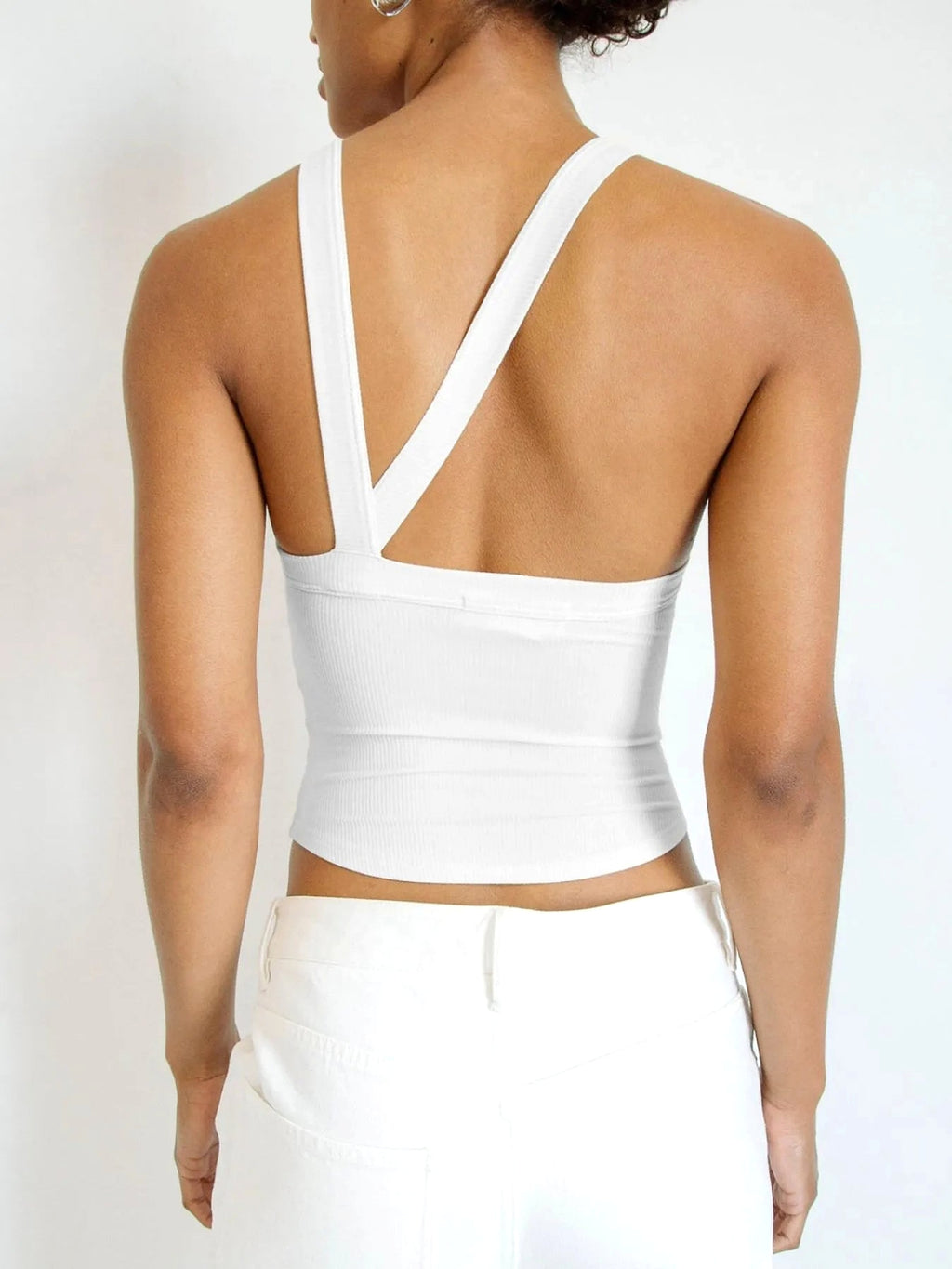 Asymmetrical Back Ribbed Crop Tank Top - enhanced image 3