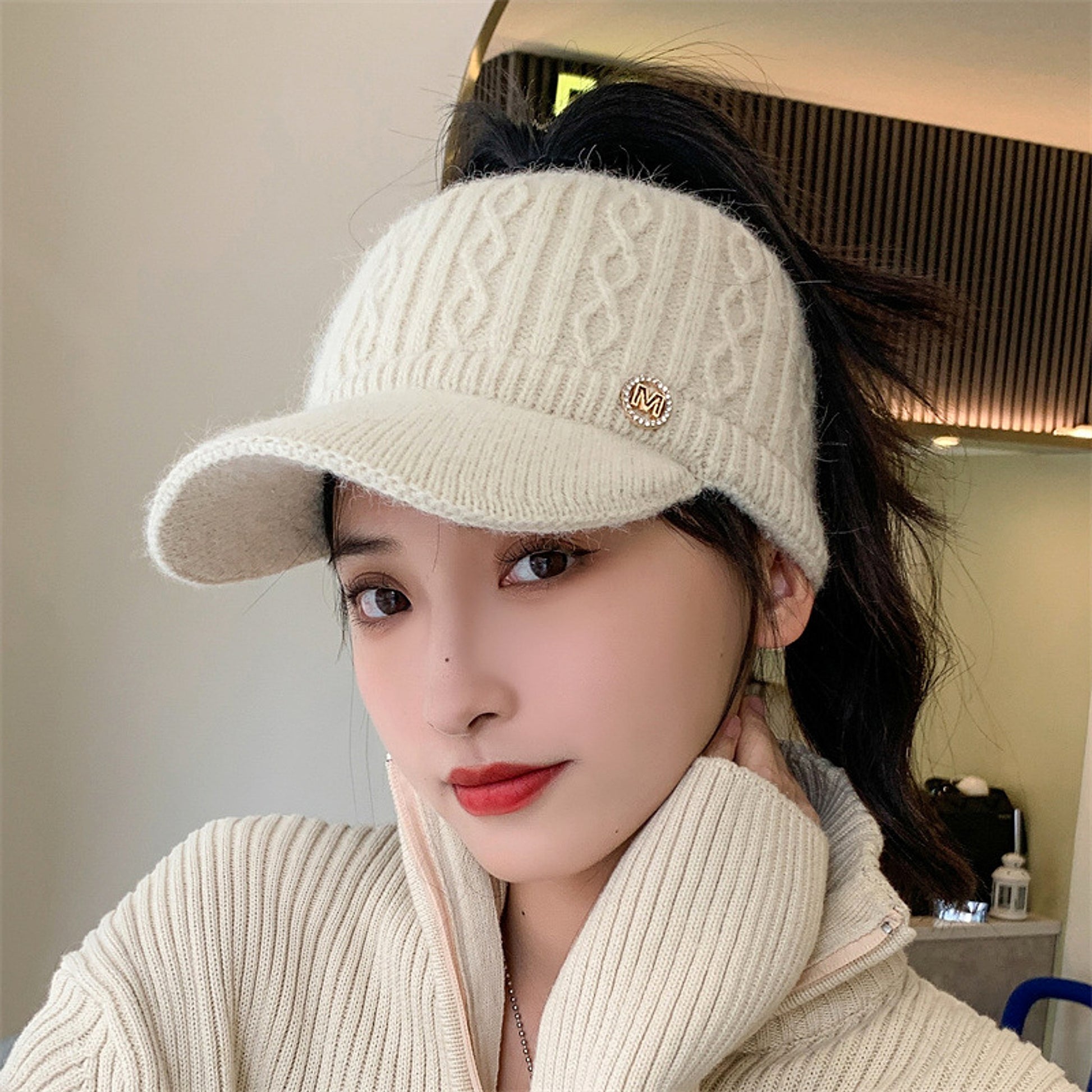 Autumn And Winter Korean Style Versatile Knitted Rabbit Fur Knitted Hat Fleece-lined Thick Warm Earflaps Peaked Cap - enhanced image 3