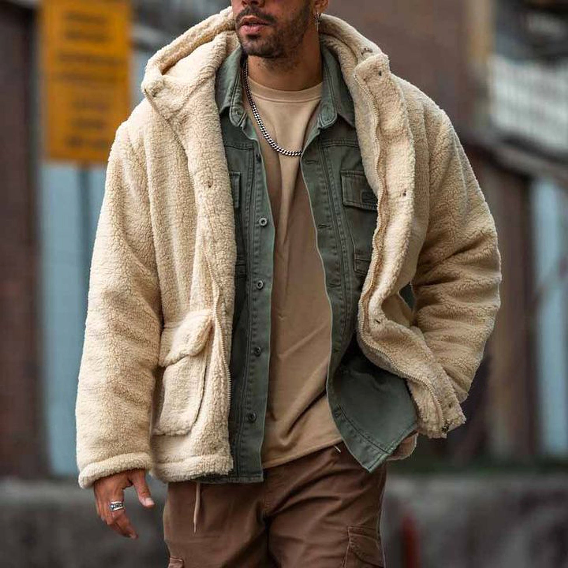Autumn And Winter Men's Hooded Solid Color Coat Jacket Polar Fleece European And American Leisure Trendy - enhanced image 3