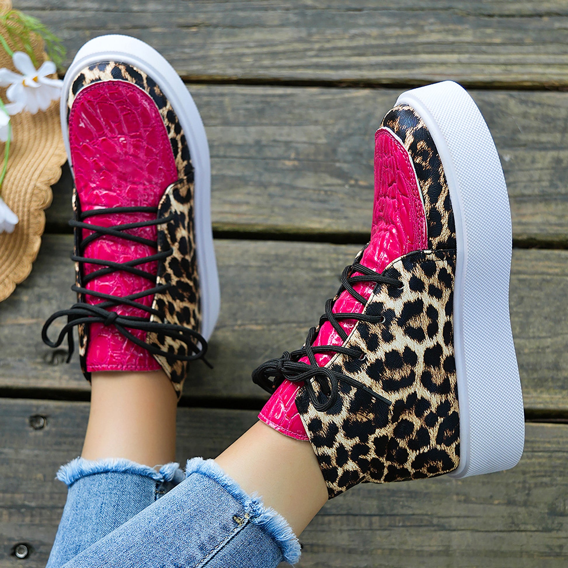 Autumn New High-top Leopard Print Flat-heeled Platform Lace Color Block Casual Women's Shoes - enhanced image 3
