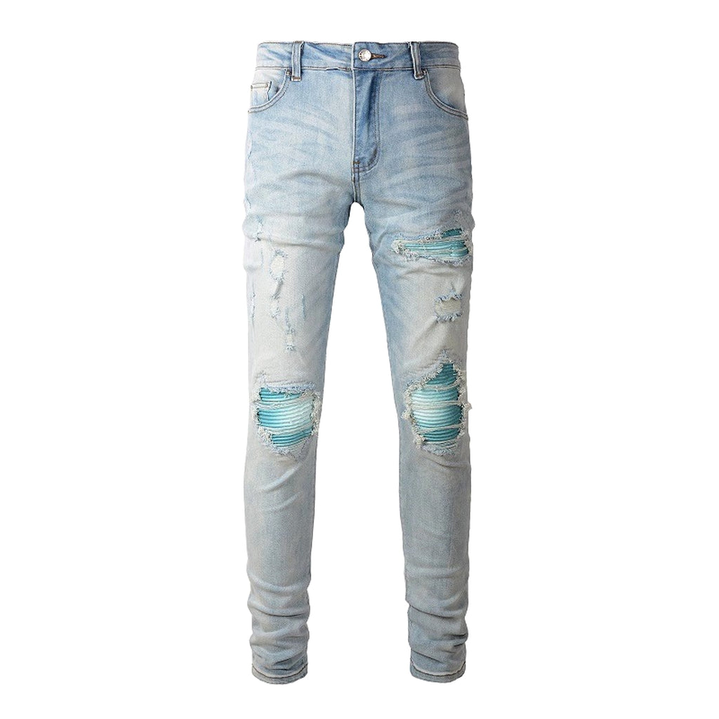 Baby Blue Wash Water Worn Patch Torn Jeans Male - enhanced image 3