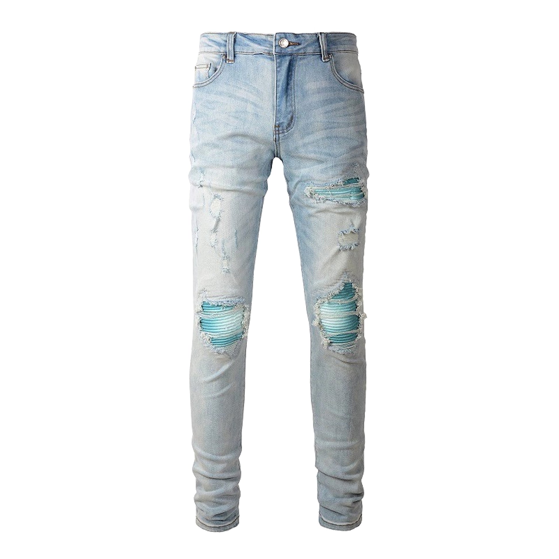 Baby Blue Wash Water Worn Patch Torn Jeans Male - enhanced image 3