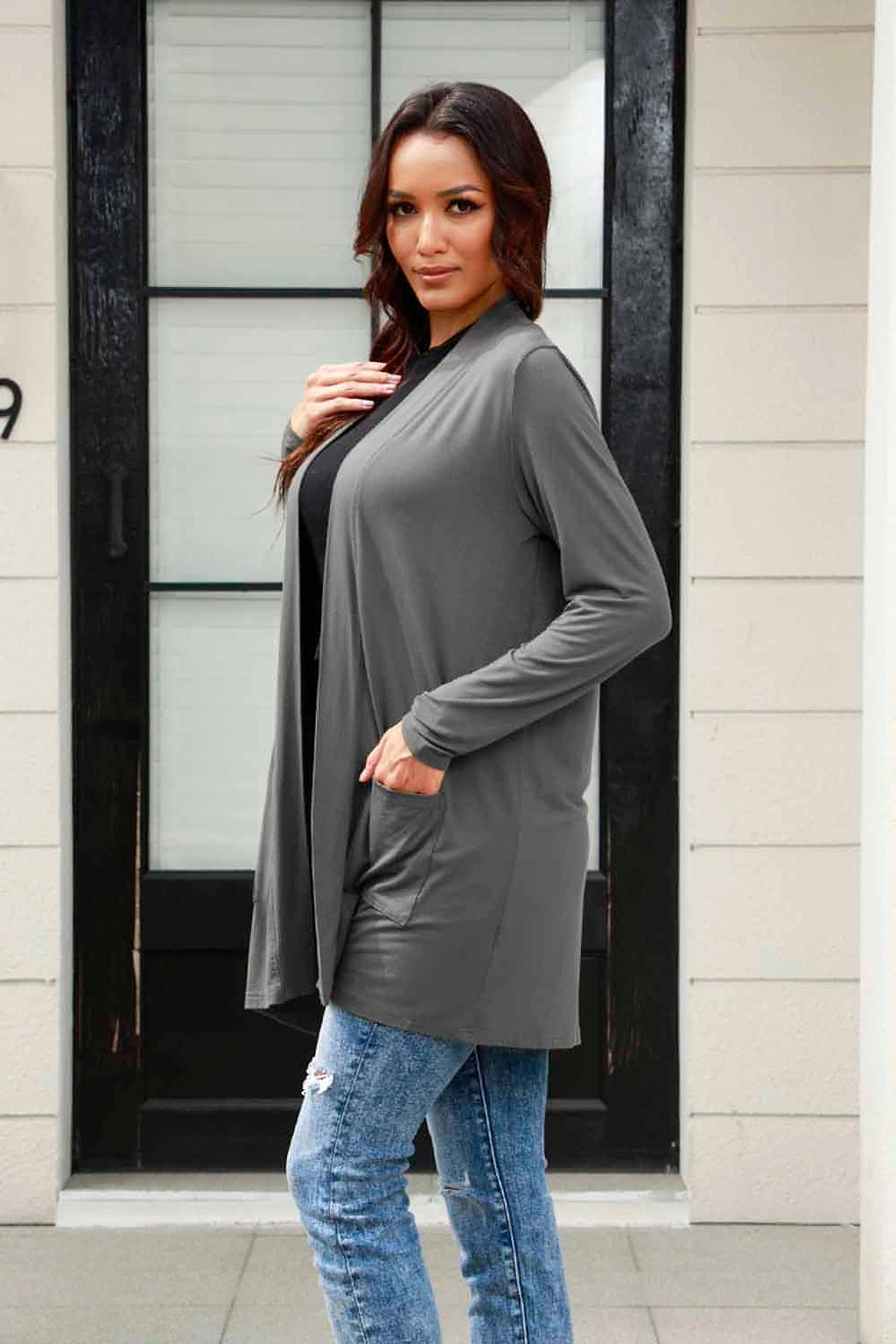 Basic Bae Full Size Open Front Long Sleeve Cardigan with Pockets - enhanced image 3