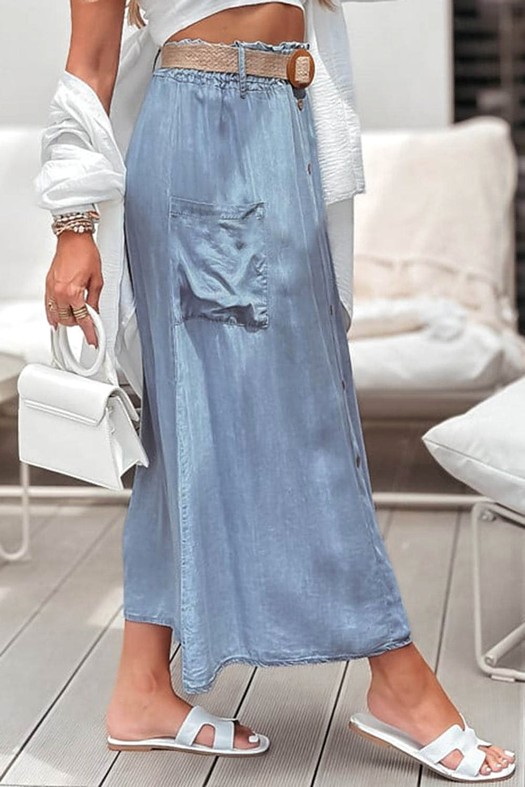 Beau Blue Buttoned Front High Waist Side Pockets Denim Maxi Skirt - enhanced image 3