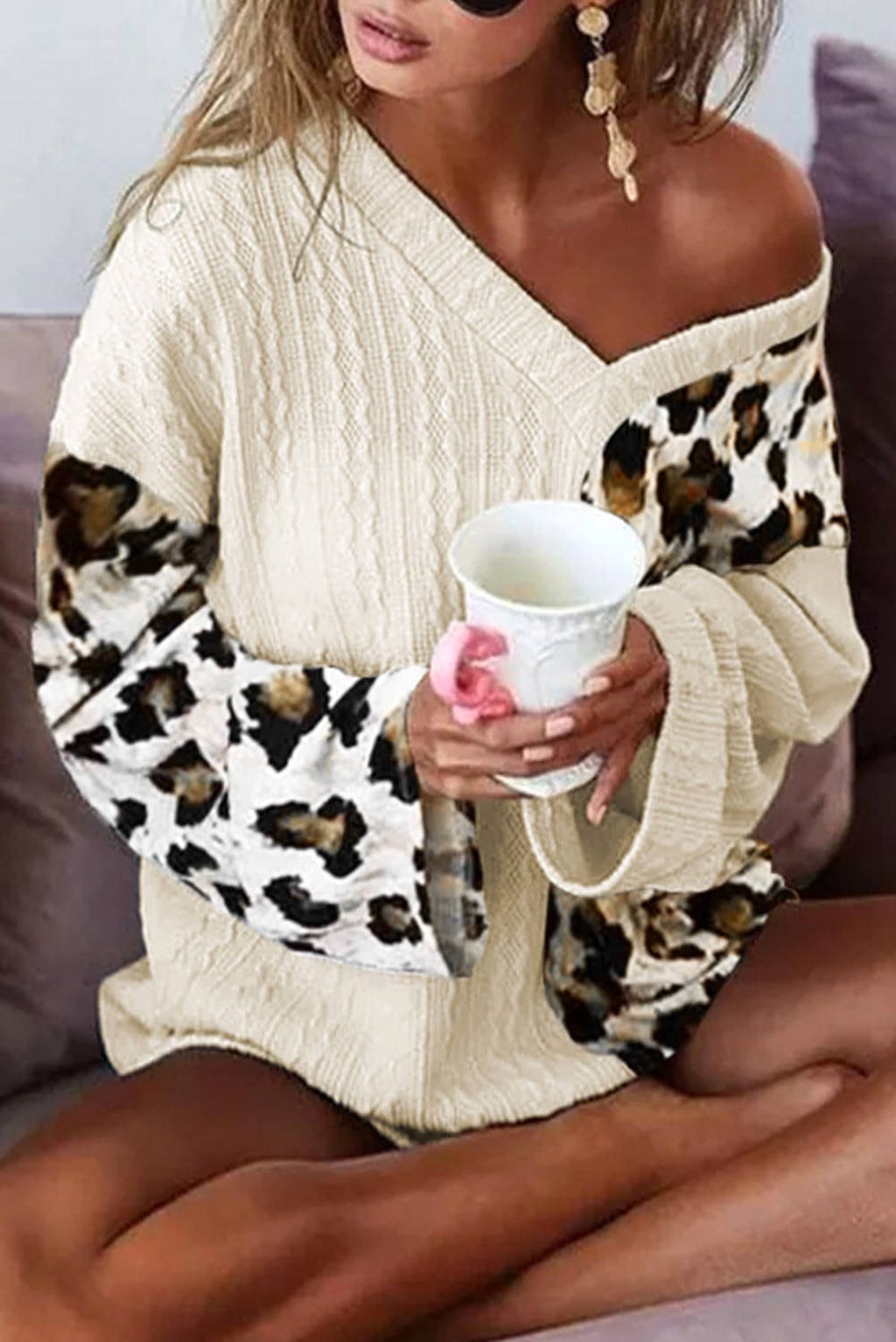 Beige Asymmetric Leopard Patchwork Wide Sleeve V Neck Sweater - enhanced image 3