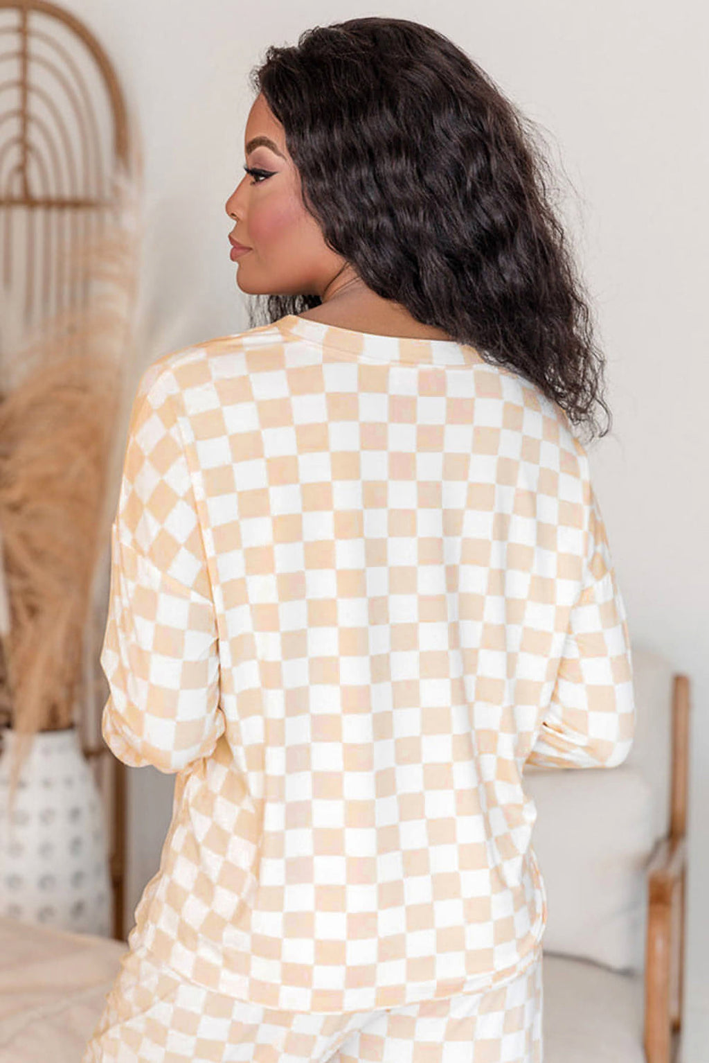 Beige Checkered Print Long Sleeve Top and Pants Lounge Set - enhanced image 3