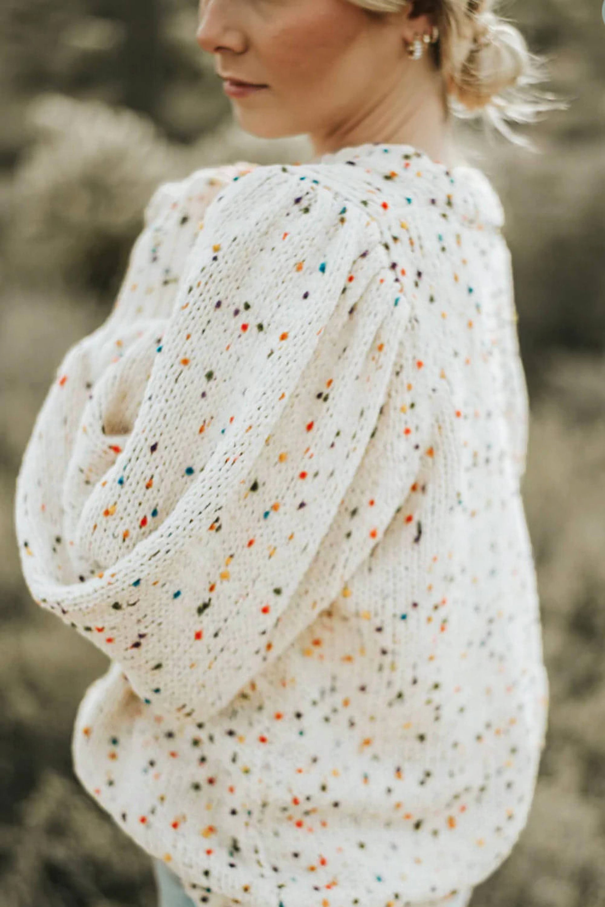 Beige Colorful Confetti Dots Cable Knit Crew Neck Sweater - enhanced image 3
