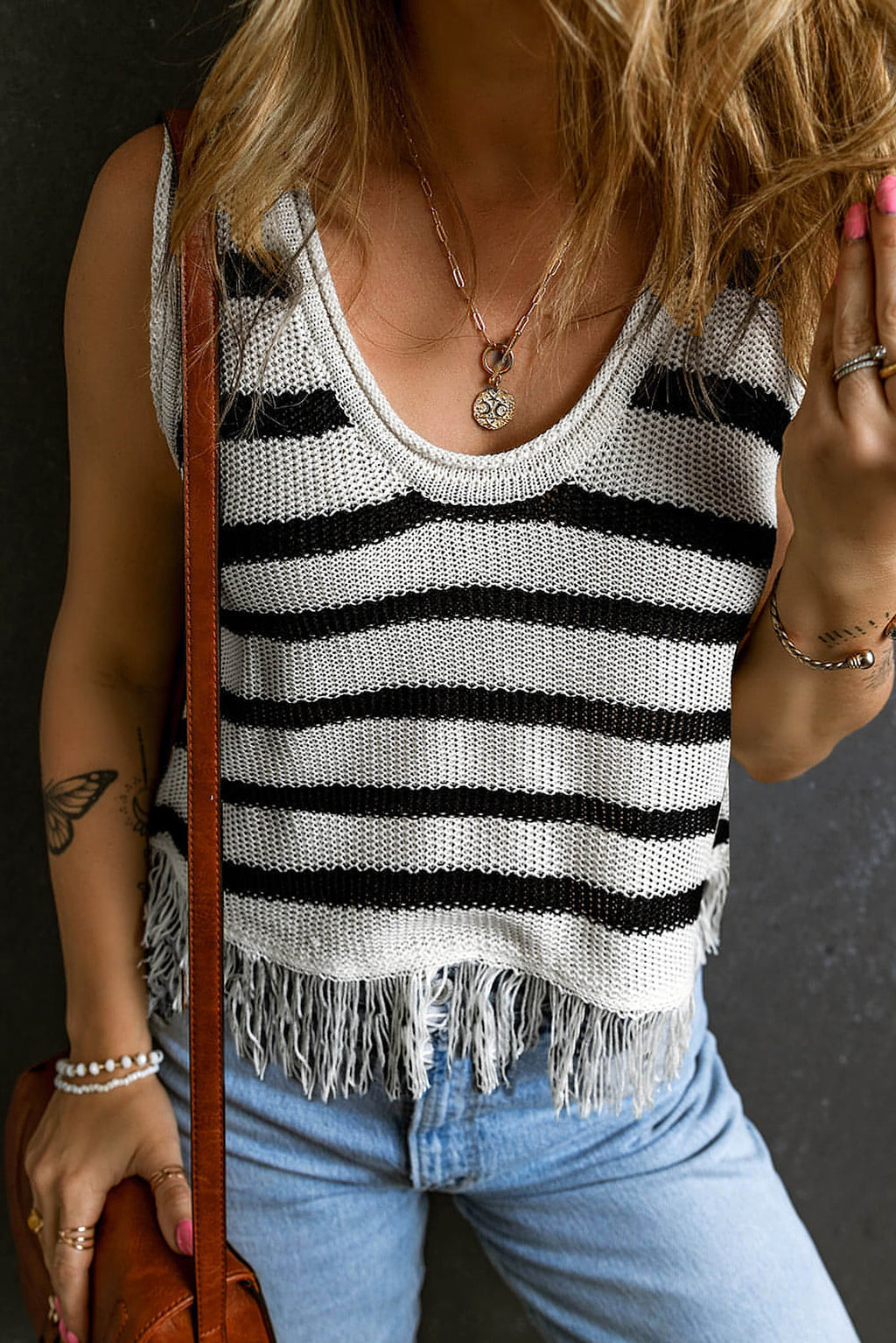 Beige Stripe Loose Knit Fringe Tank Top - enhanced image 3