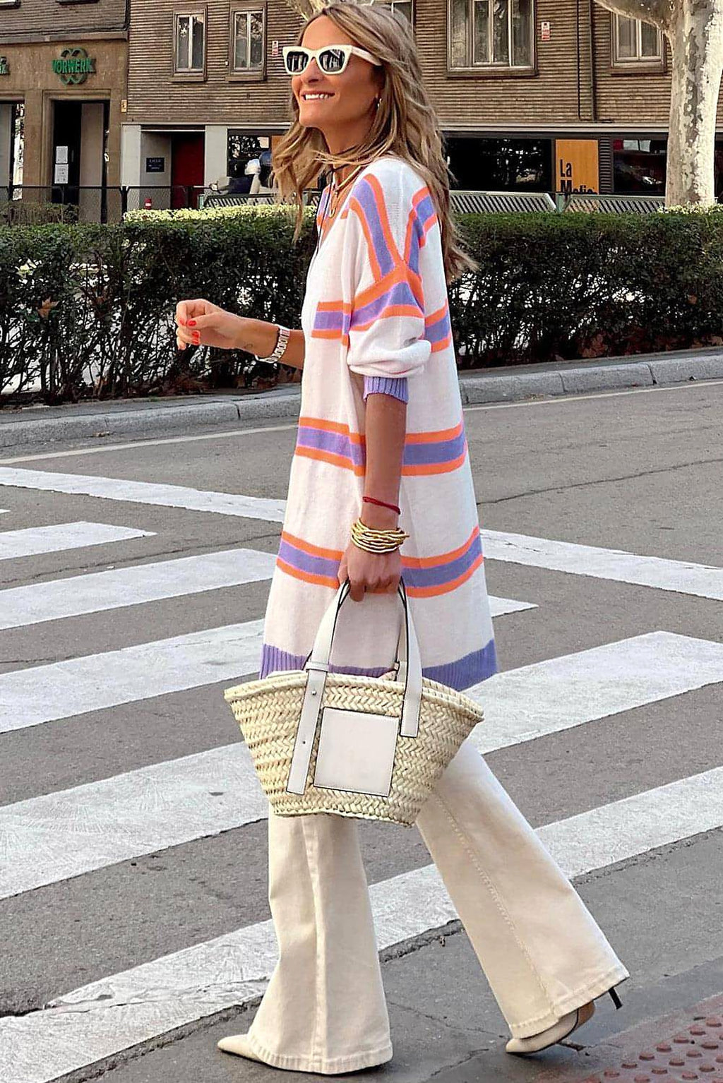 Beige Striped Long Sleeve Ribbed Trim Button Cardigan - enhanced image 3