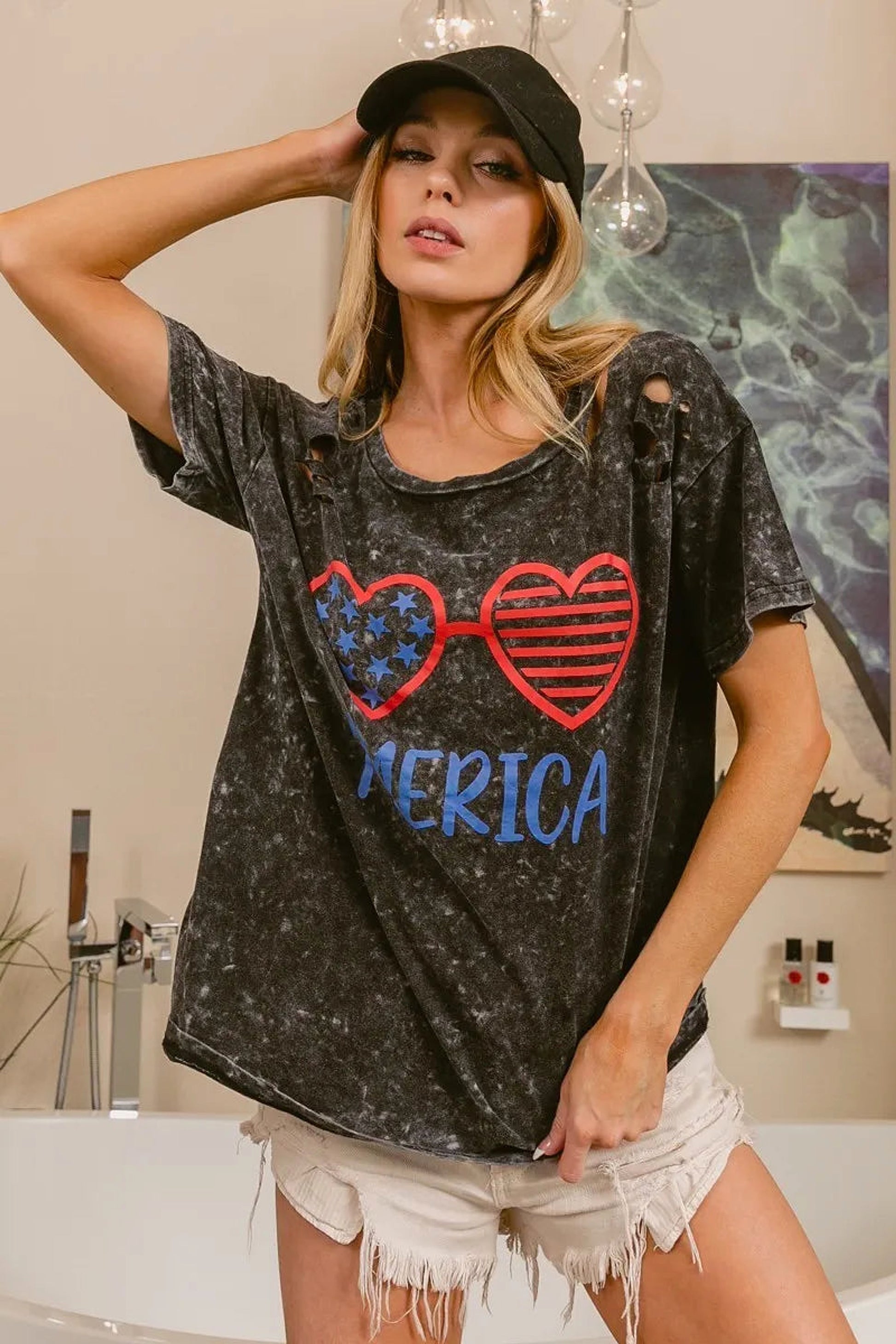 BiBi 4th Of July Theme Mineral Washed Laser Cut Top - enhanced image 3