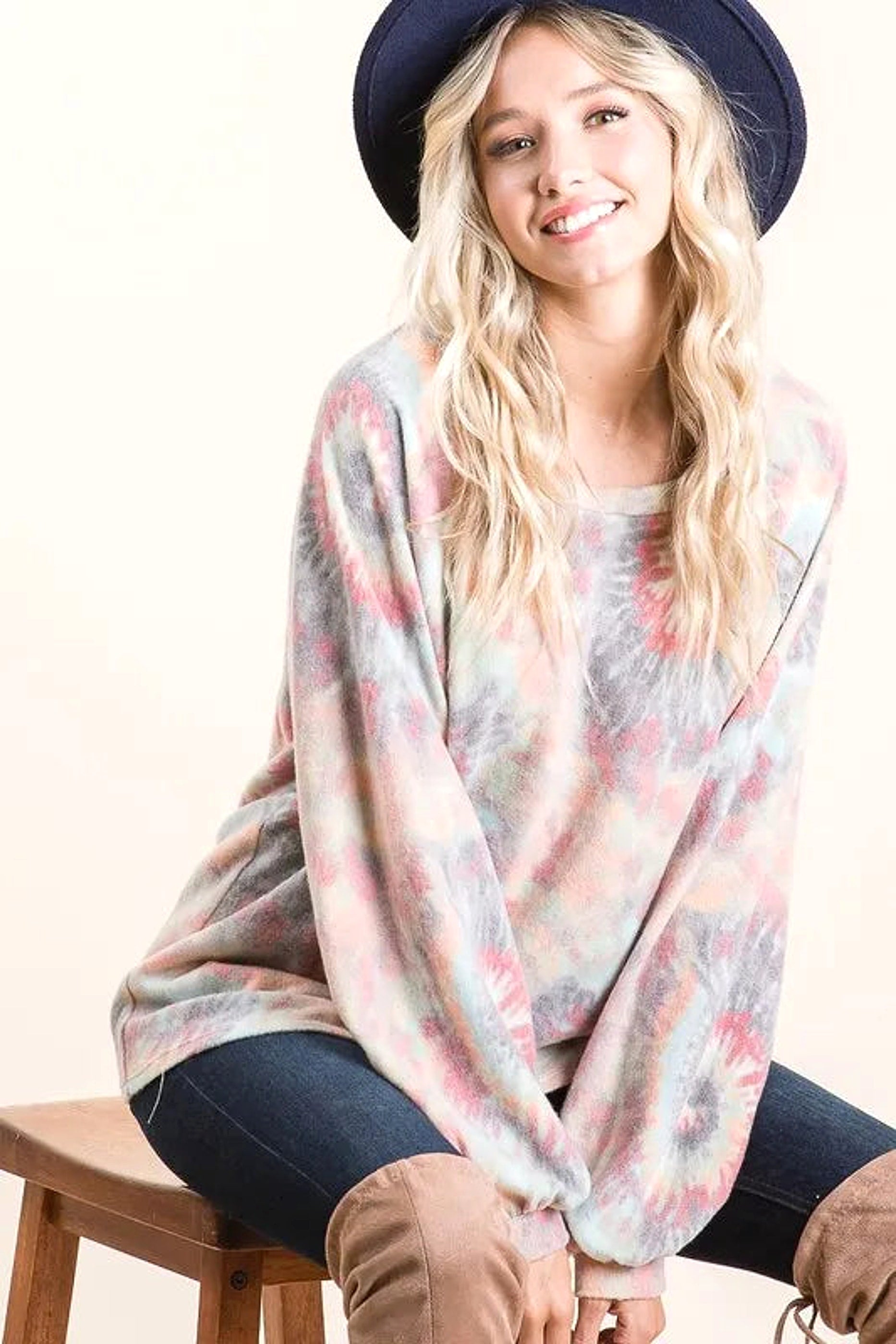 BiBi Brushed Tie Dye Print Top with Puff Sleeves - enhanced image 3