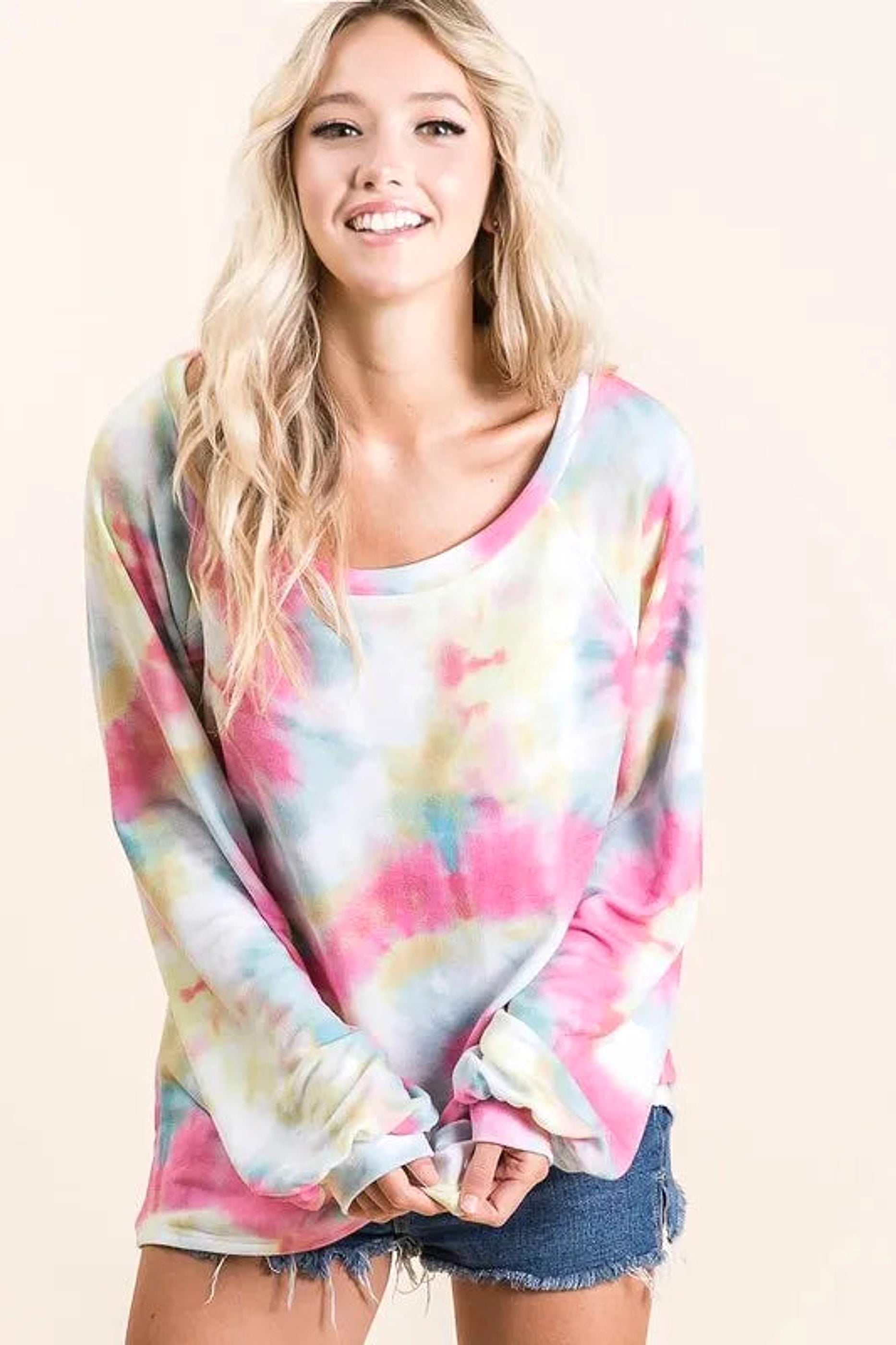 BiBi Tie Dye Print Terry Top With Puff Sleeves - enhanced image 3