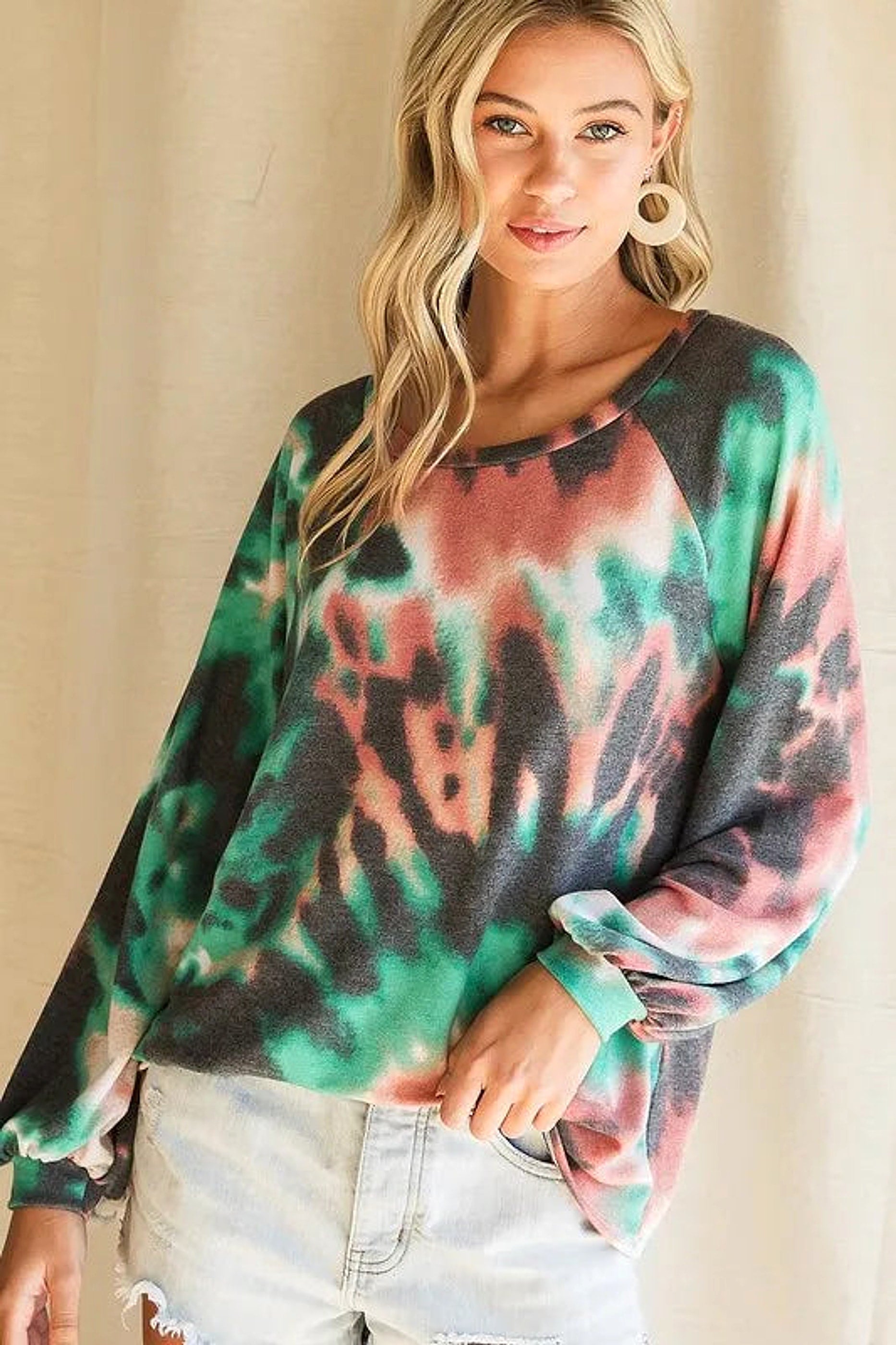 BiBi Tie Dye Print Terry Top with Puff Sleeves - enhanced image 3