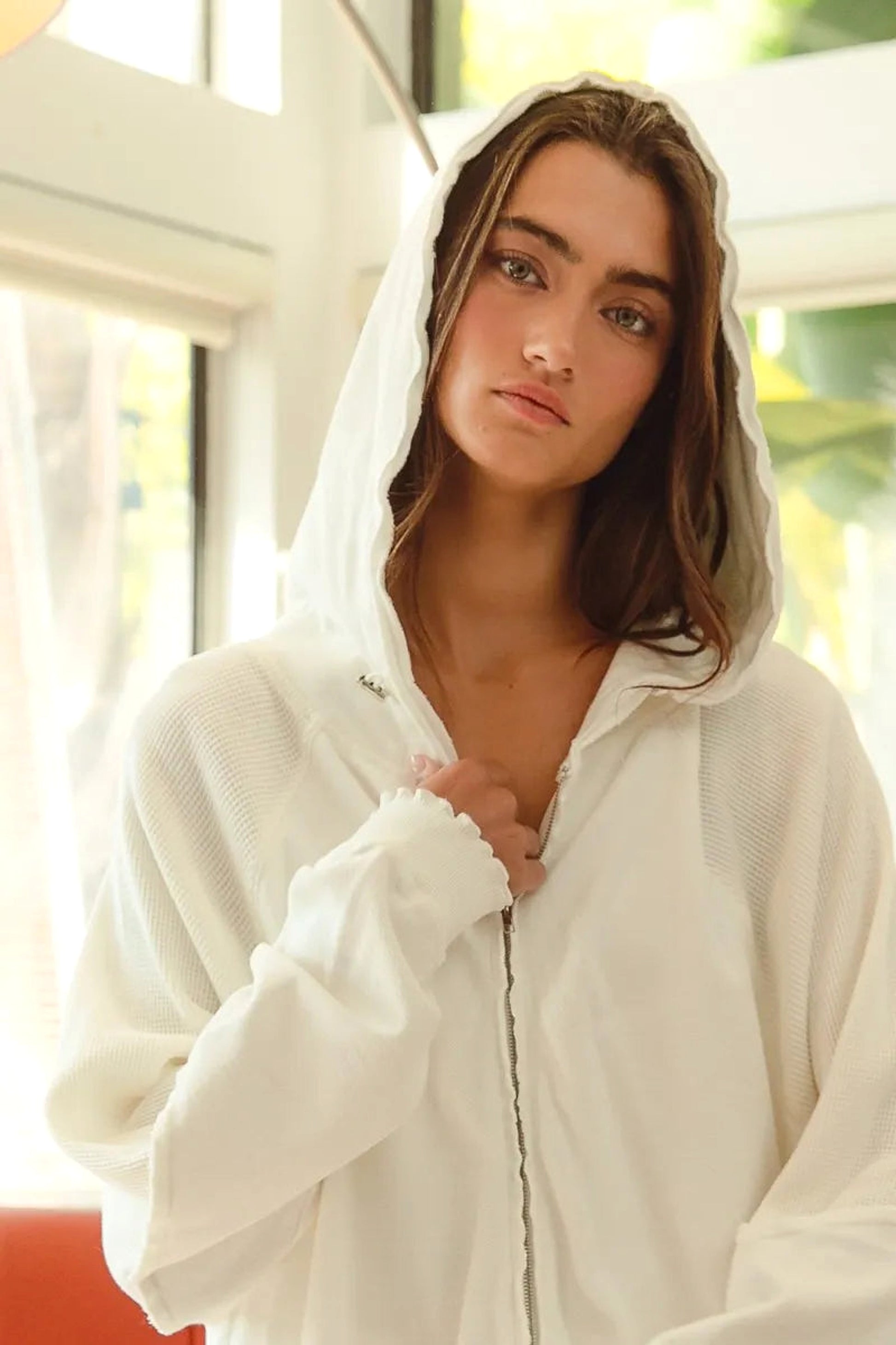 BiBi Waffle Thermal And Terry Mix Washed Zip Up Hoodie - enhanced image 3