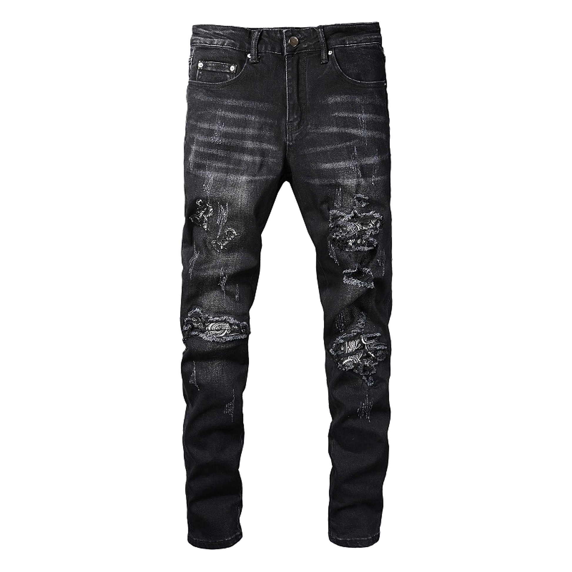 Black Cashew Flower Printed Patch Torn Jeans For Men - enhanced image 3