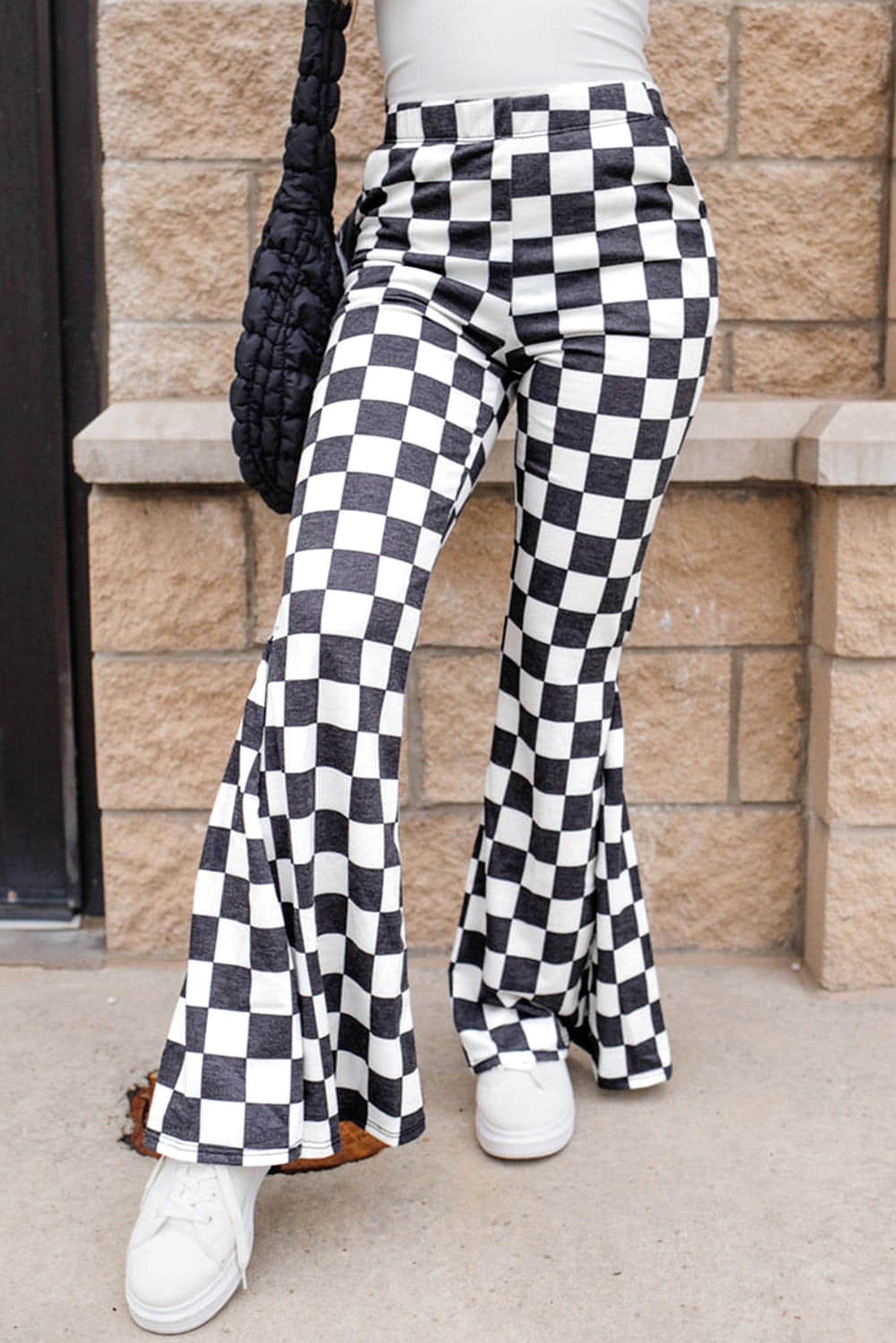 Black Checkerboard High Rise Casual Flared Pants - enhanced image 3