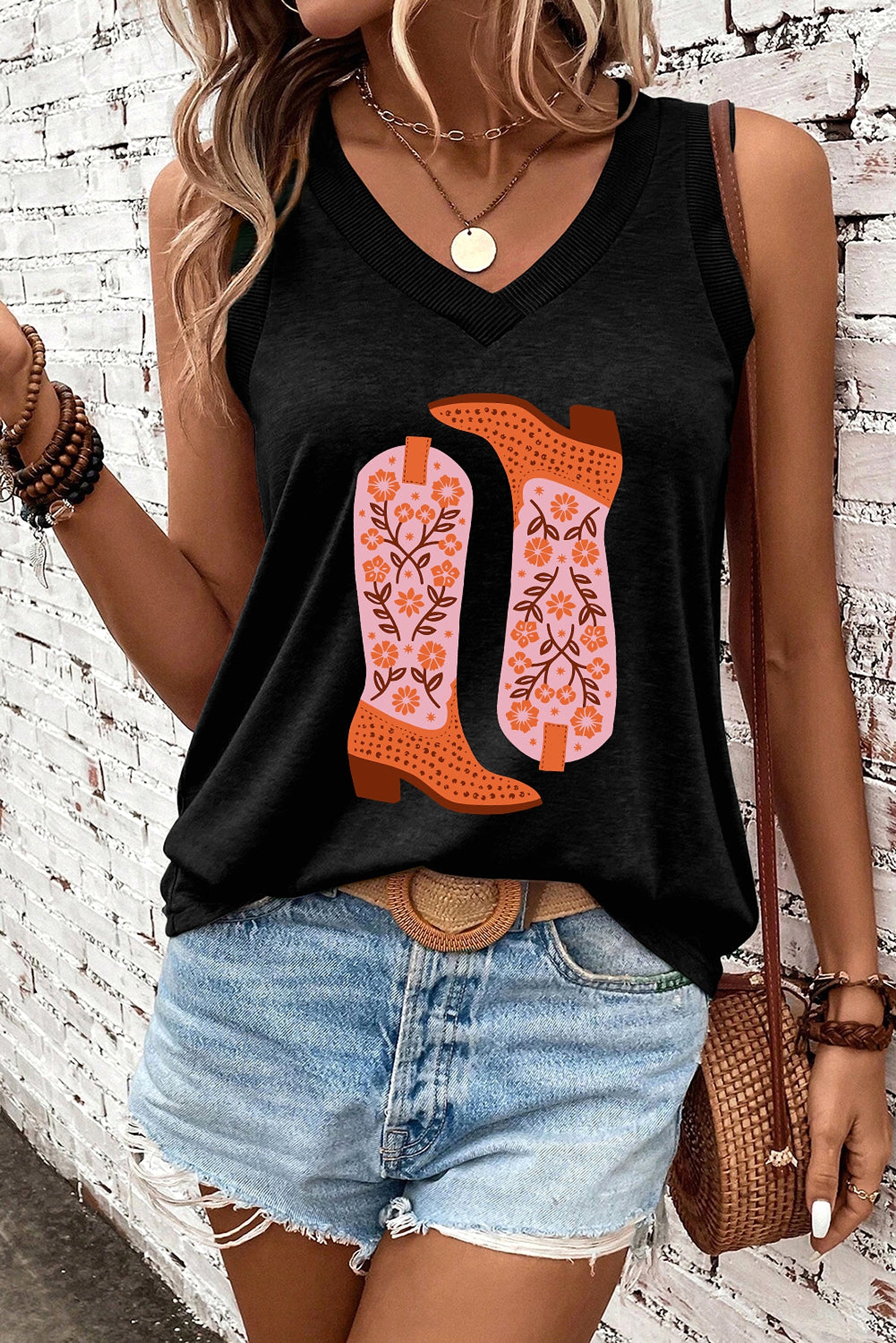 Black Cowgirl Floral Boots Printed Tank Top - enhanced image 3