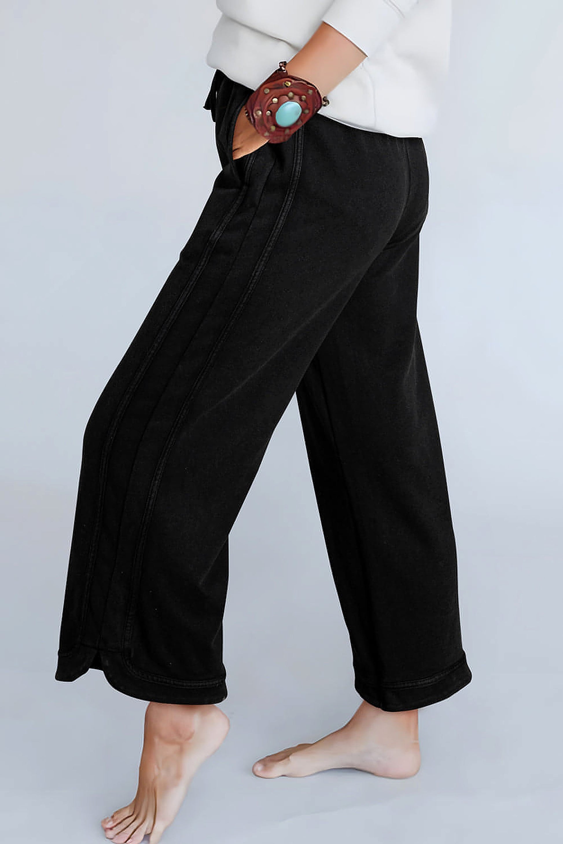 Black Mineral Wash Exposed Seam Wide Leg Pants - enhanced image 3