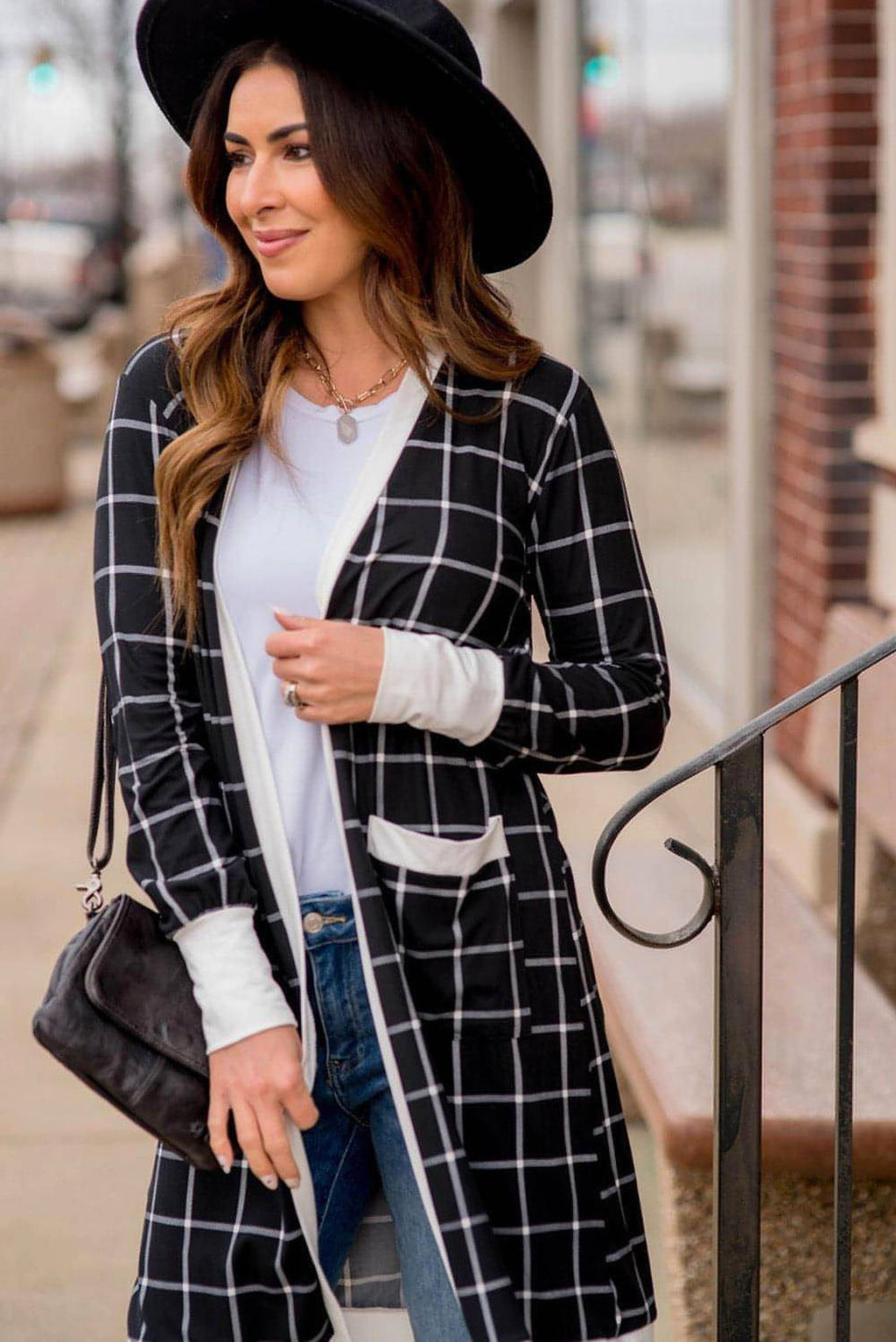 Black Plaid Colorblock Edge Open Cardigan with Pocket - enhanced image 3