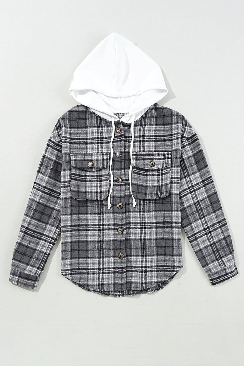 Black Plaid Print Flap Pockets Contrast Hooded Loose Shacket. - enhanced image 3