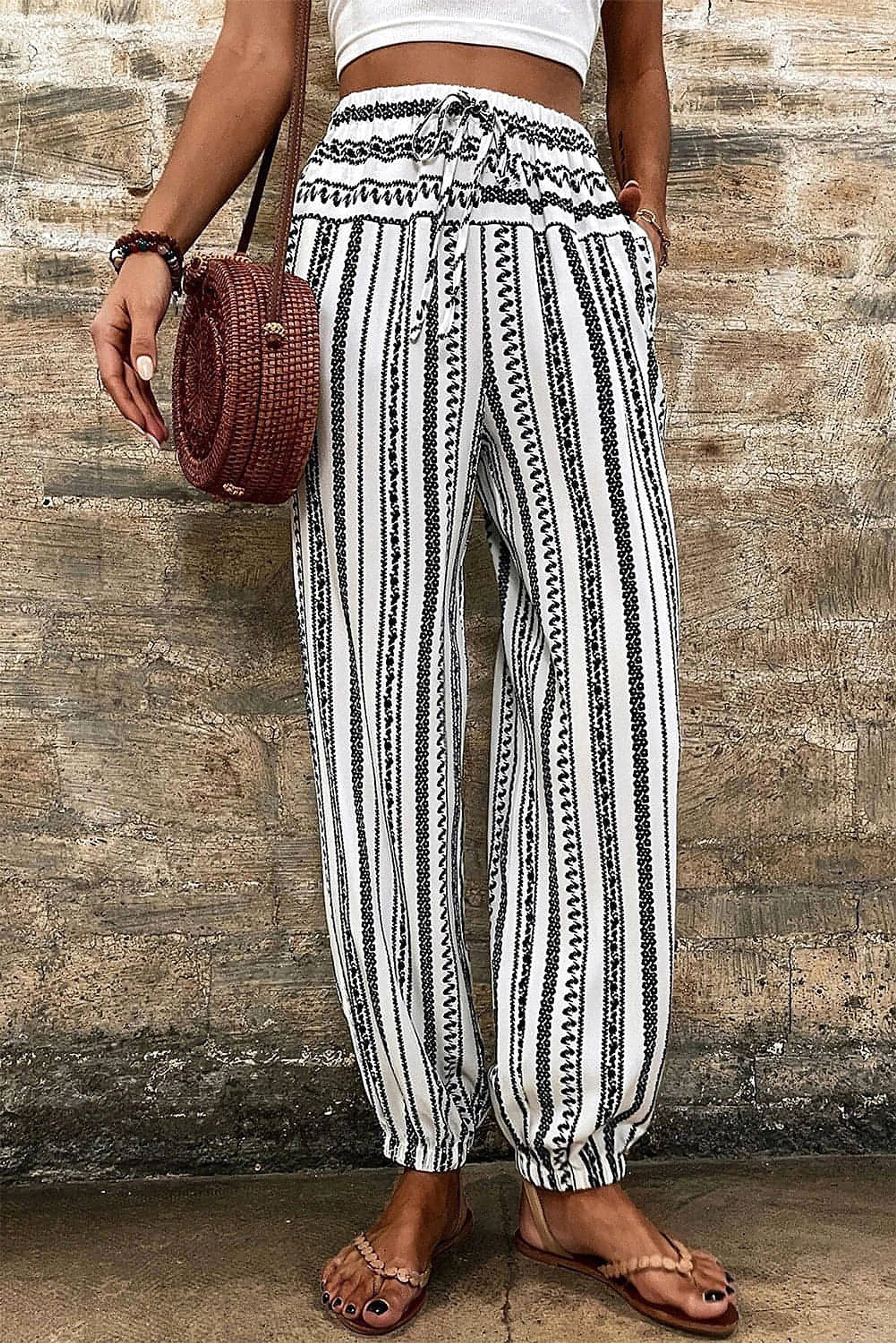 Black Stripe Boho Striped Print Casual Pants - enhanced image 3