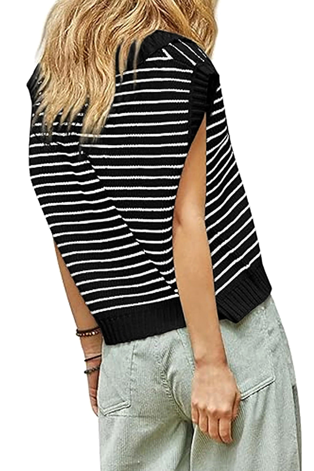 Black Stripe Turn-down V Neck Sweater Tank Top - enhanced image 3