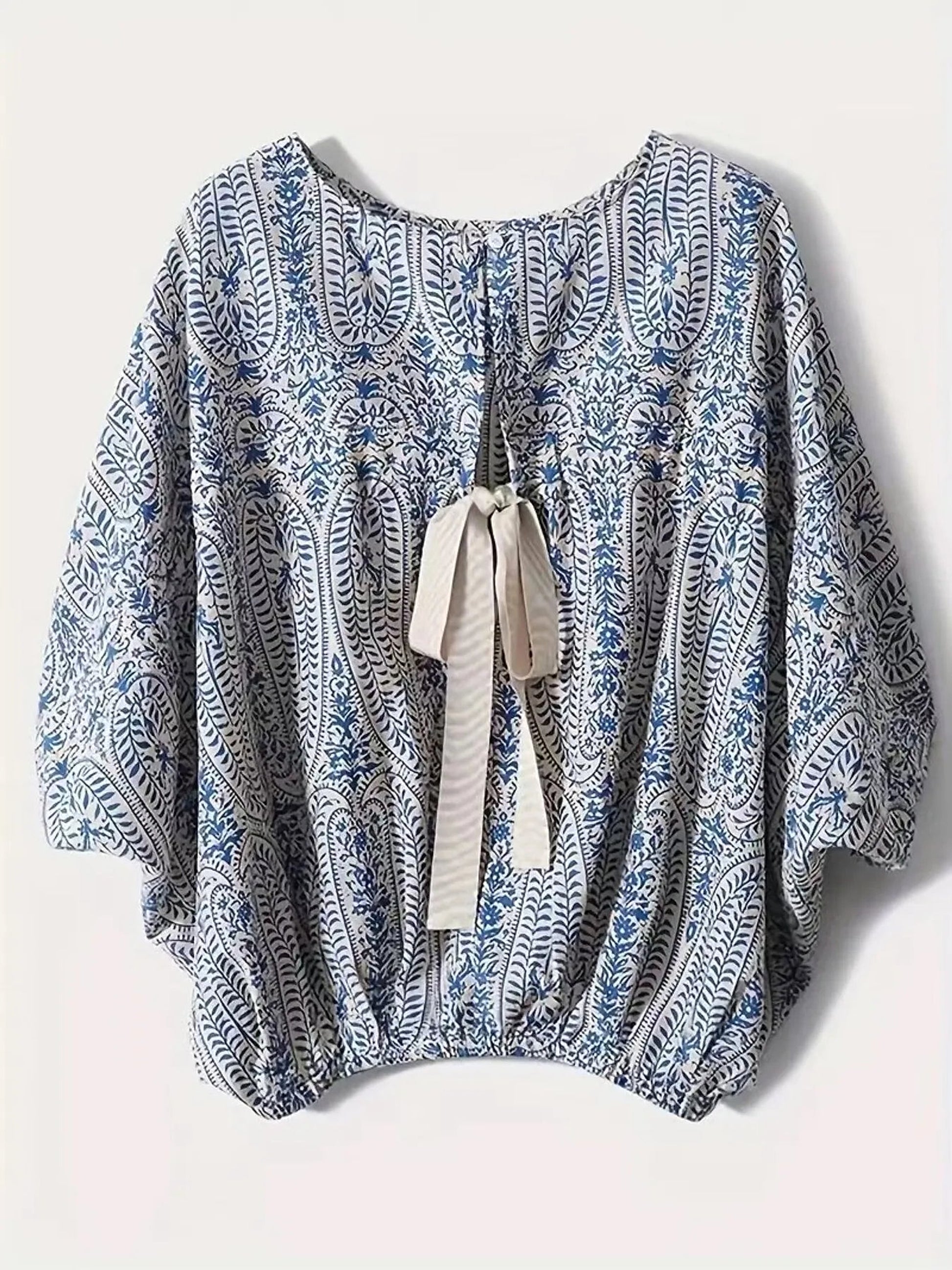 Bohemian Print Round Neck Loose Batwing Sleeve Blouse - enhanced image 3