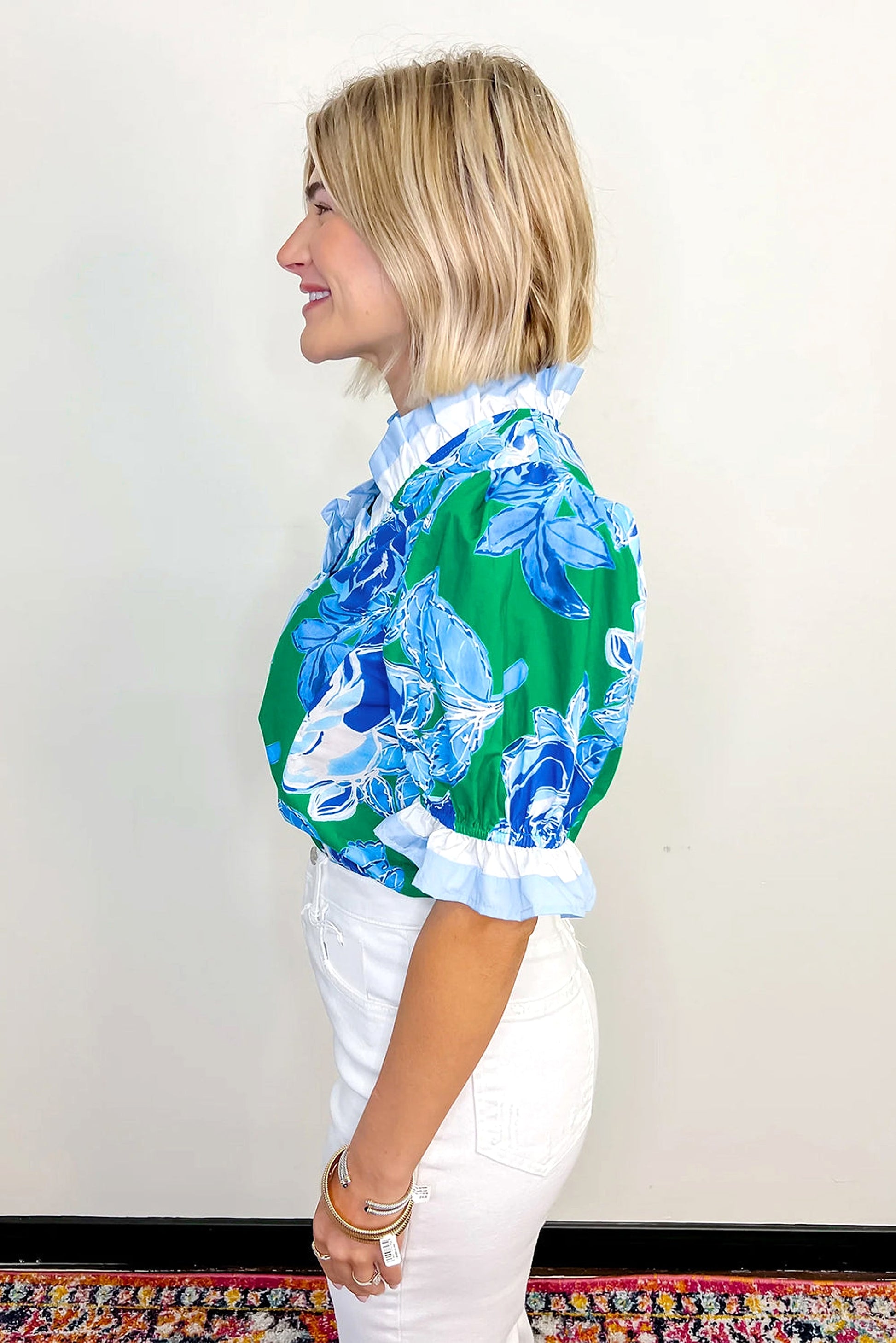 Bright Green Floral Frilled V Neck Short Sleeve Blouse Top - enhanced image 3