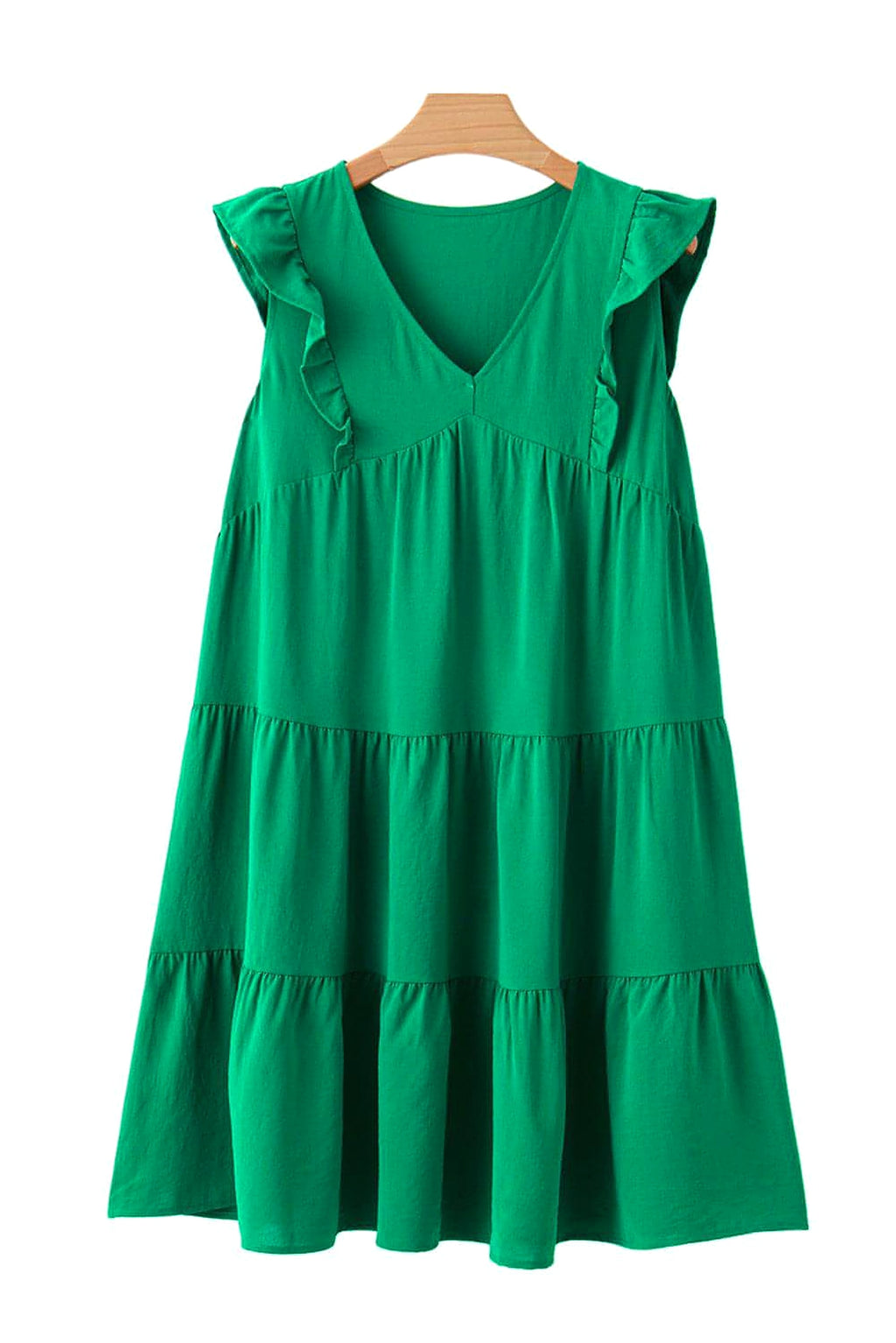 Bright Green Solid Color V Neck Ruffle Tiered Mini Dress - enhanced image 3