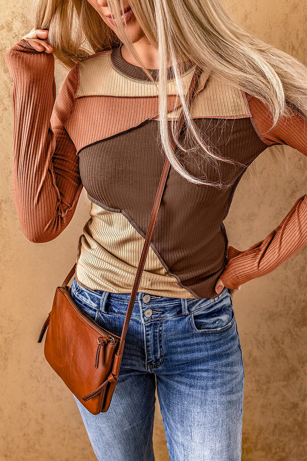 Brown Expose Seam Color Block Ribbed Knit Top - enhanced image 3
