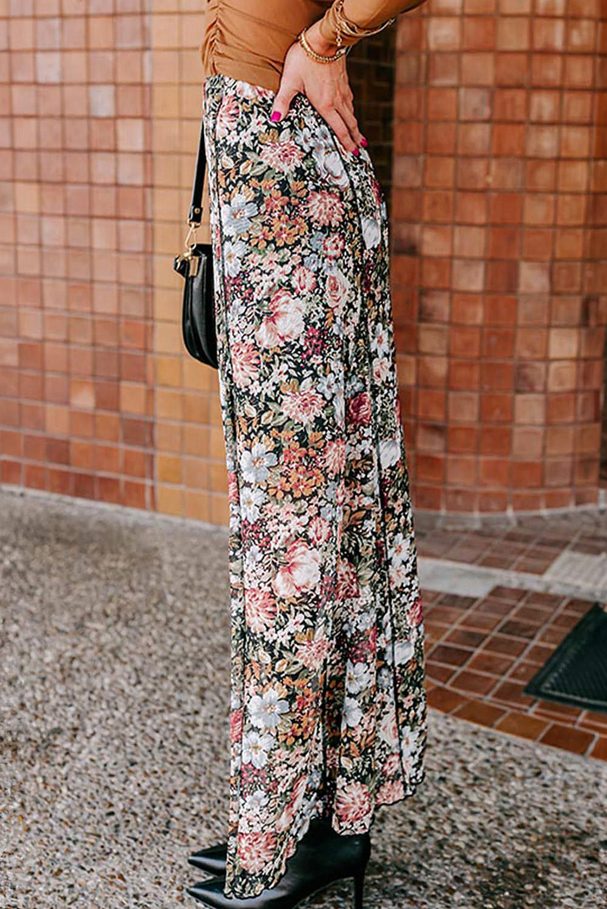 Brown Floral Print High Waist Maxi Skirt - enhanced image 3
