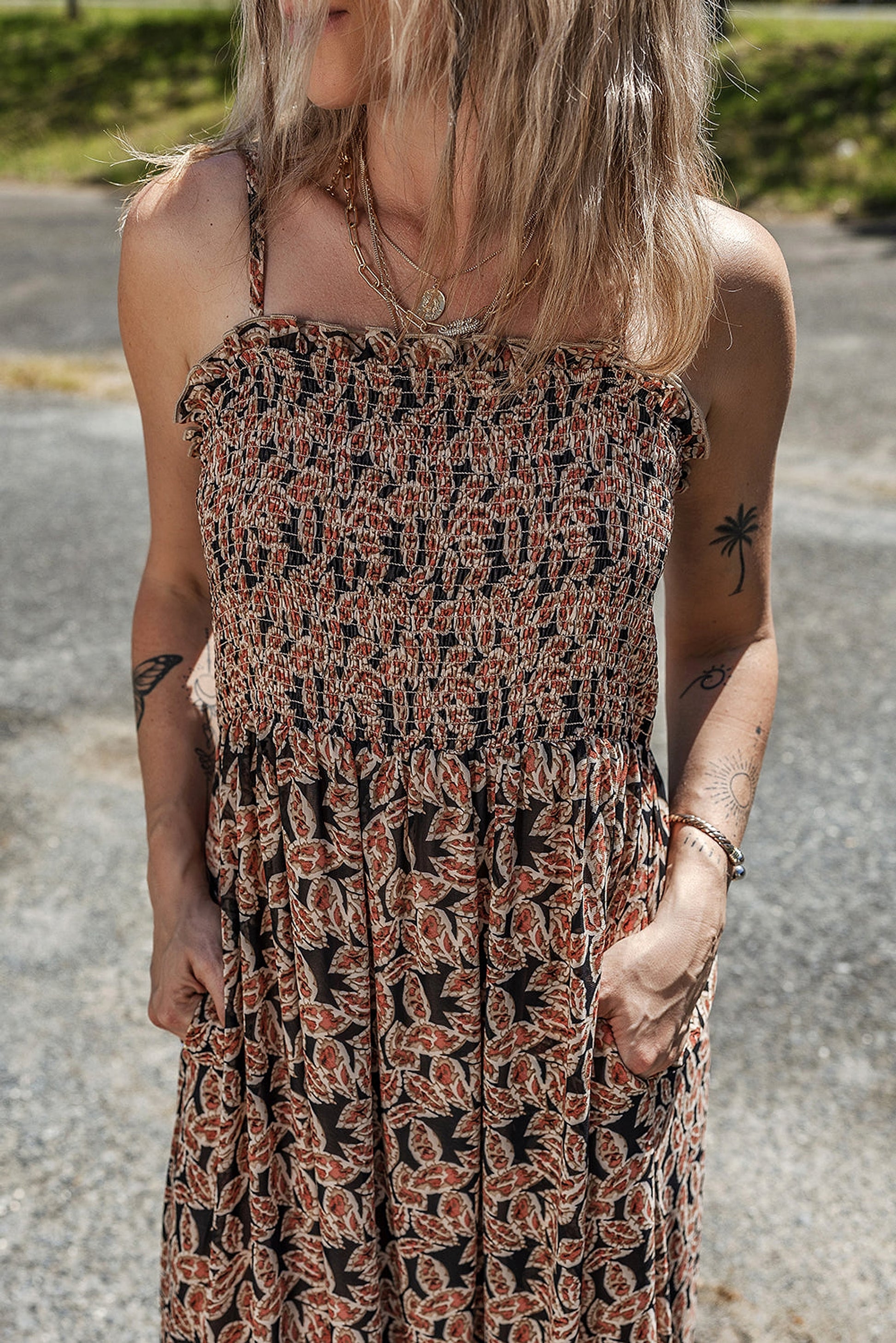 Brown Floral Smocked Bodice High Waist Flowy Sun Dress - enhanced image 3