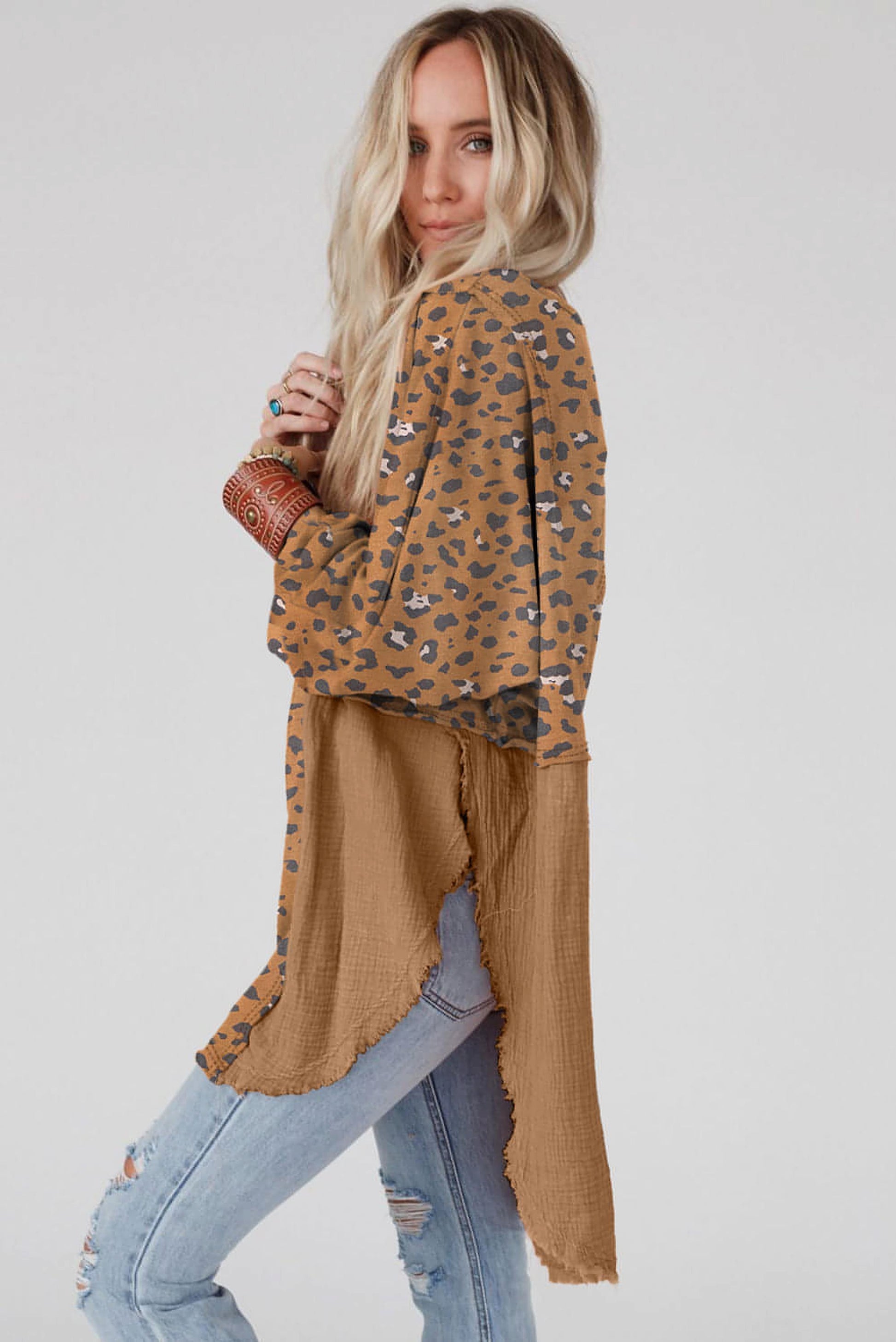 Brown Printed Raw Edge Leopard Patchwork Oversized Blouse - enhanced image 3