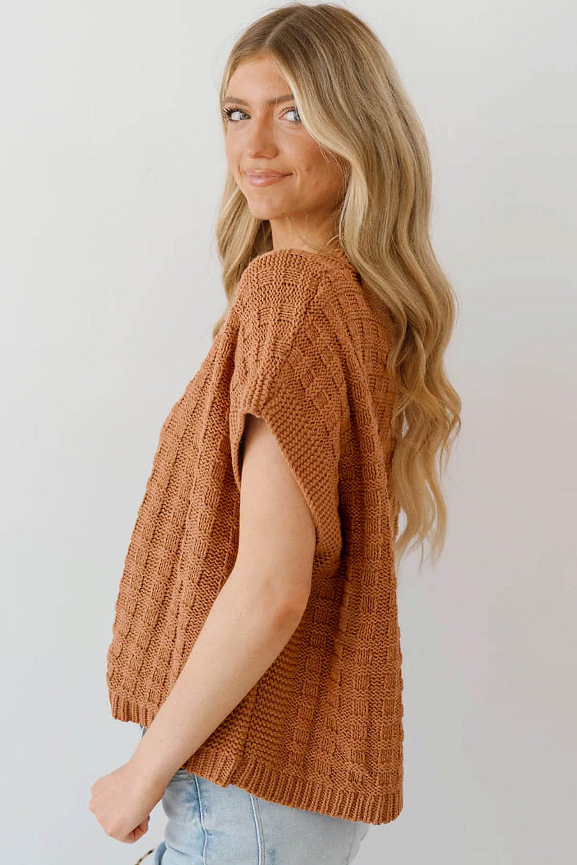 Camel Round Neck Textured Knit Sweater Vest - enhanced image 3