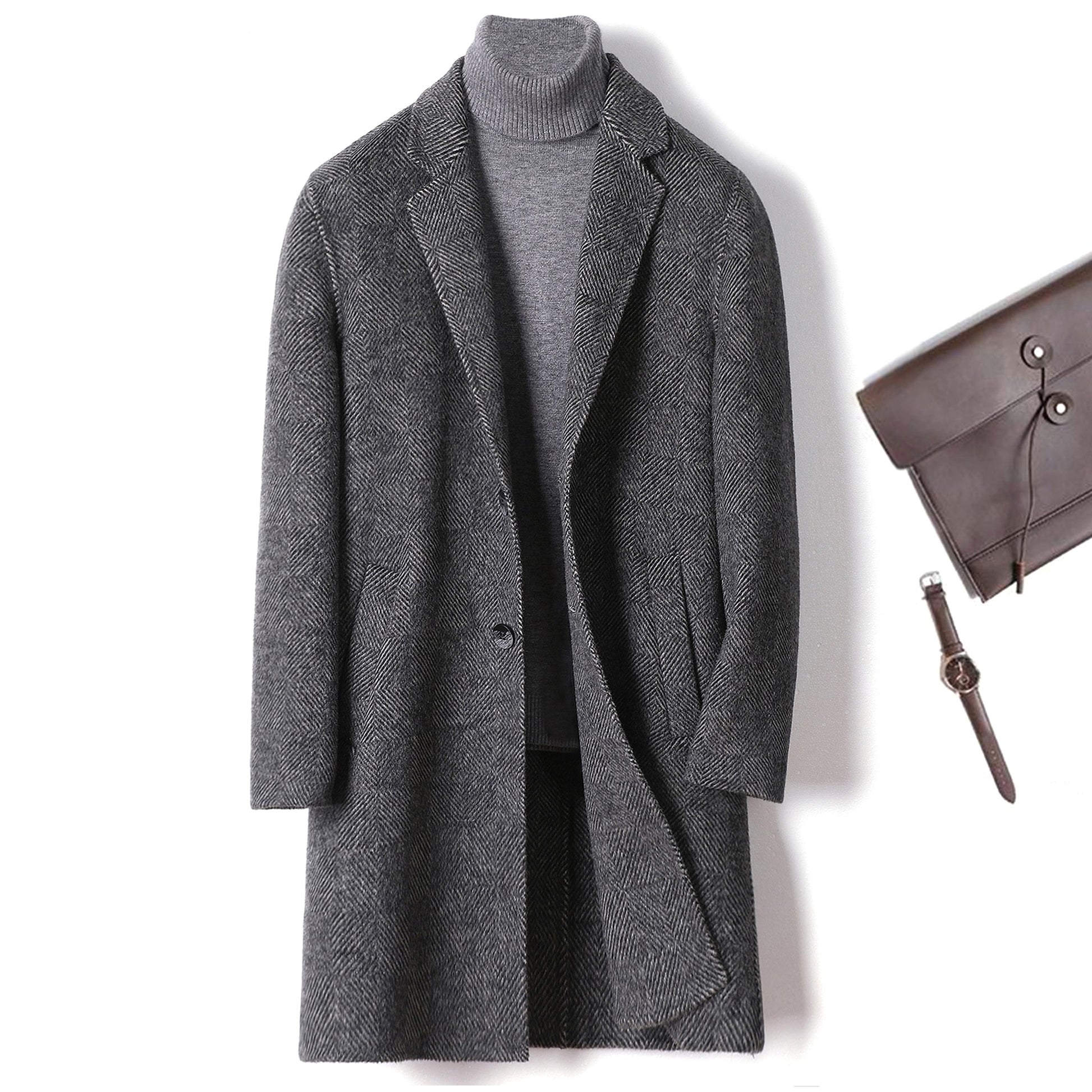 Cashmere Wool Trench Coat Winter Plaid Long Casual Coat Jacke Men - enhanced image 3