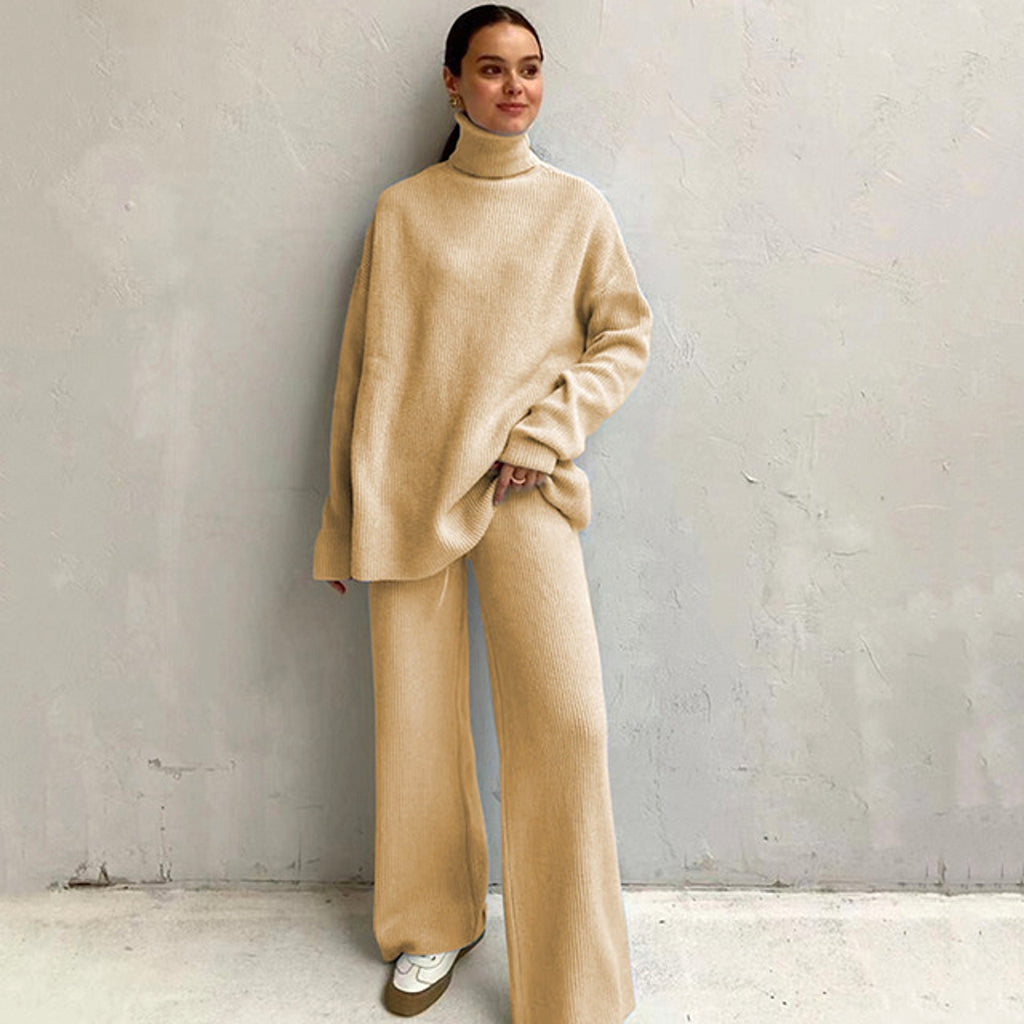 Casual Knitted Two-piece Turtleneck And Wide Leg Pants Women Loose Pullover Sweater - enhanced image 3