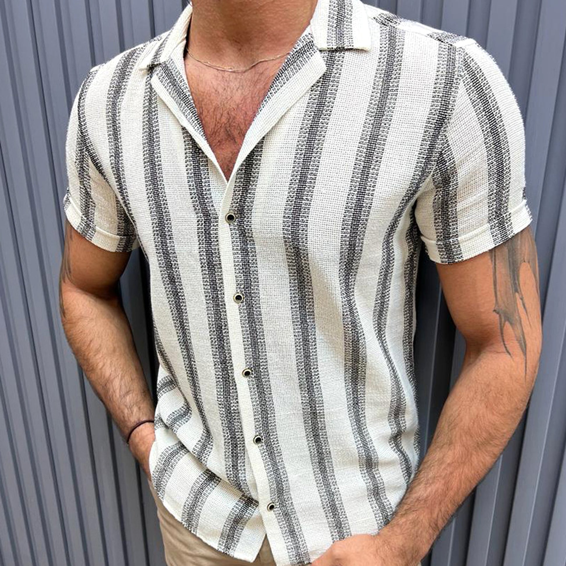 Casual Men's Stand Collar Striped DressShirt - enhanced image 3