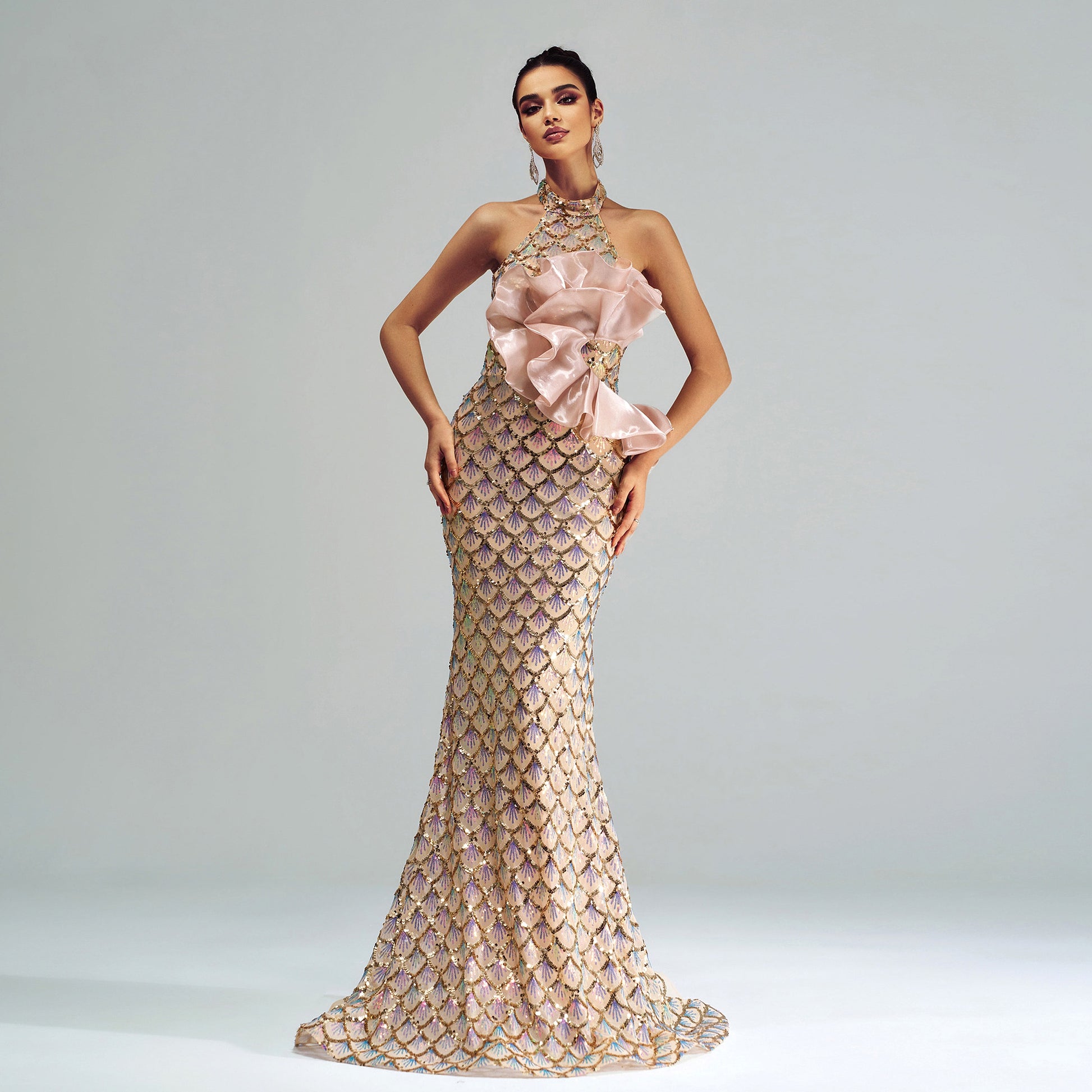 “Champagne Glam” Halter Mermaid Dress – Luxury for Elite Occasions - enhanced image 3