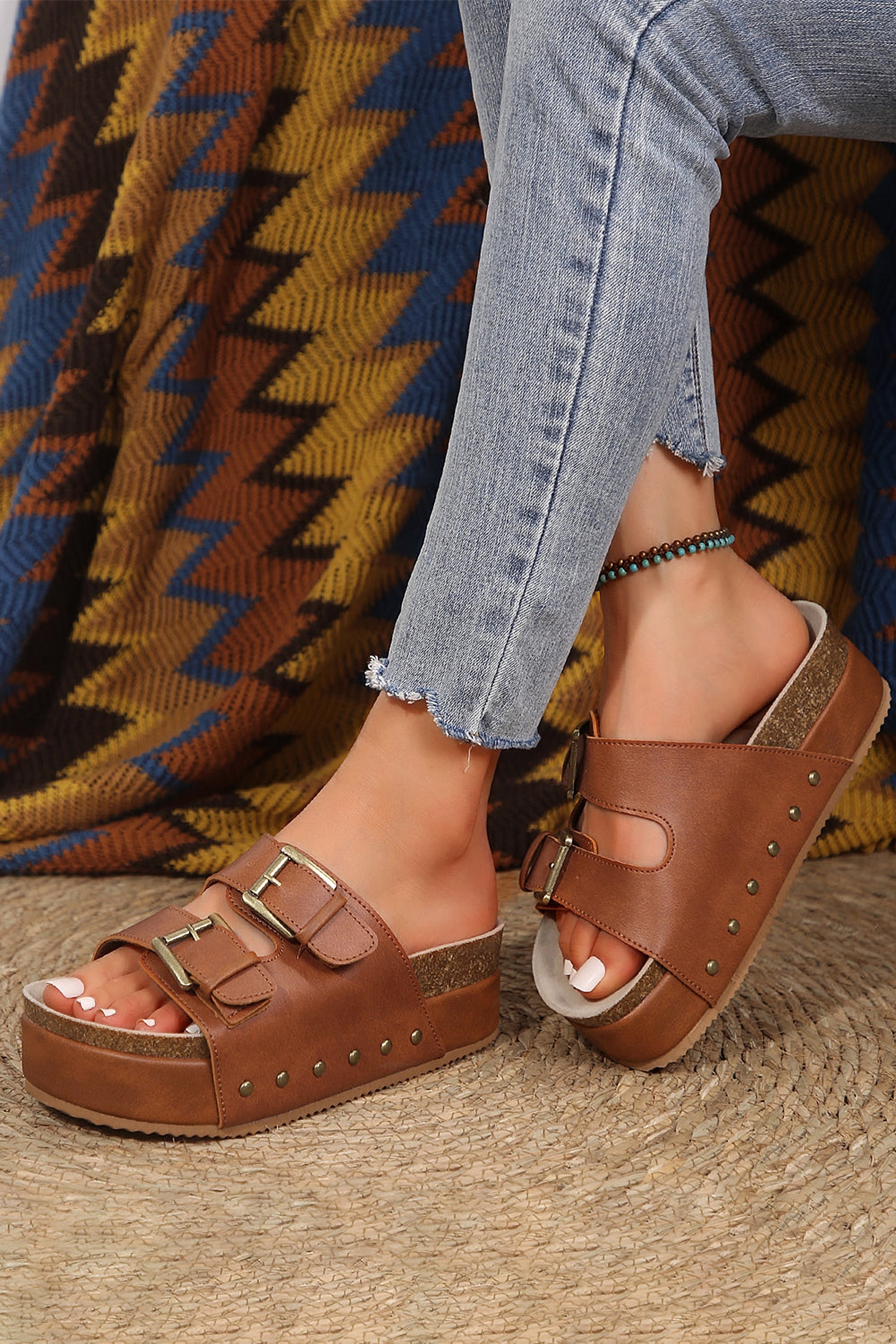 Chestnut Dual Buckle Studded Platform Sandal Slippers - enhanced image 3