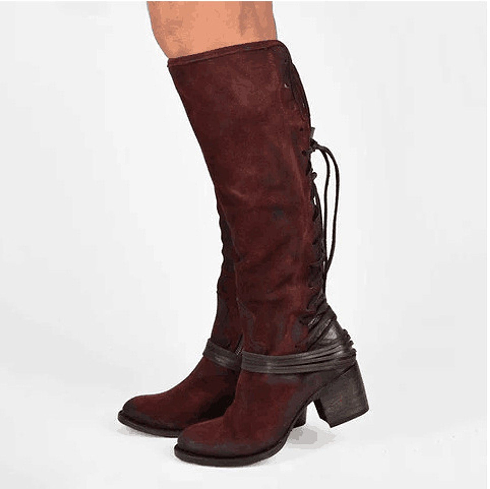Chunky Heel High Heel Back Bandage Tall Knight Boots Women - enhanced image 3