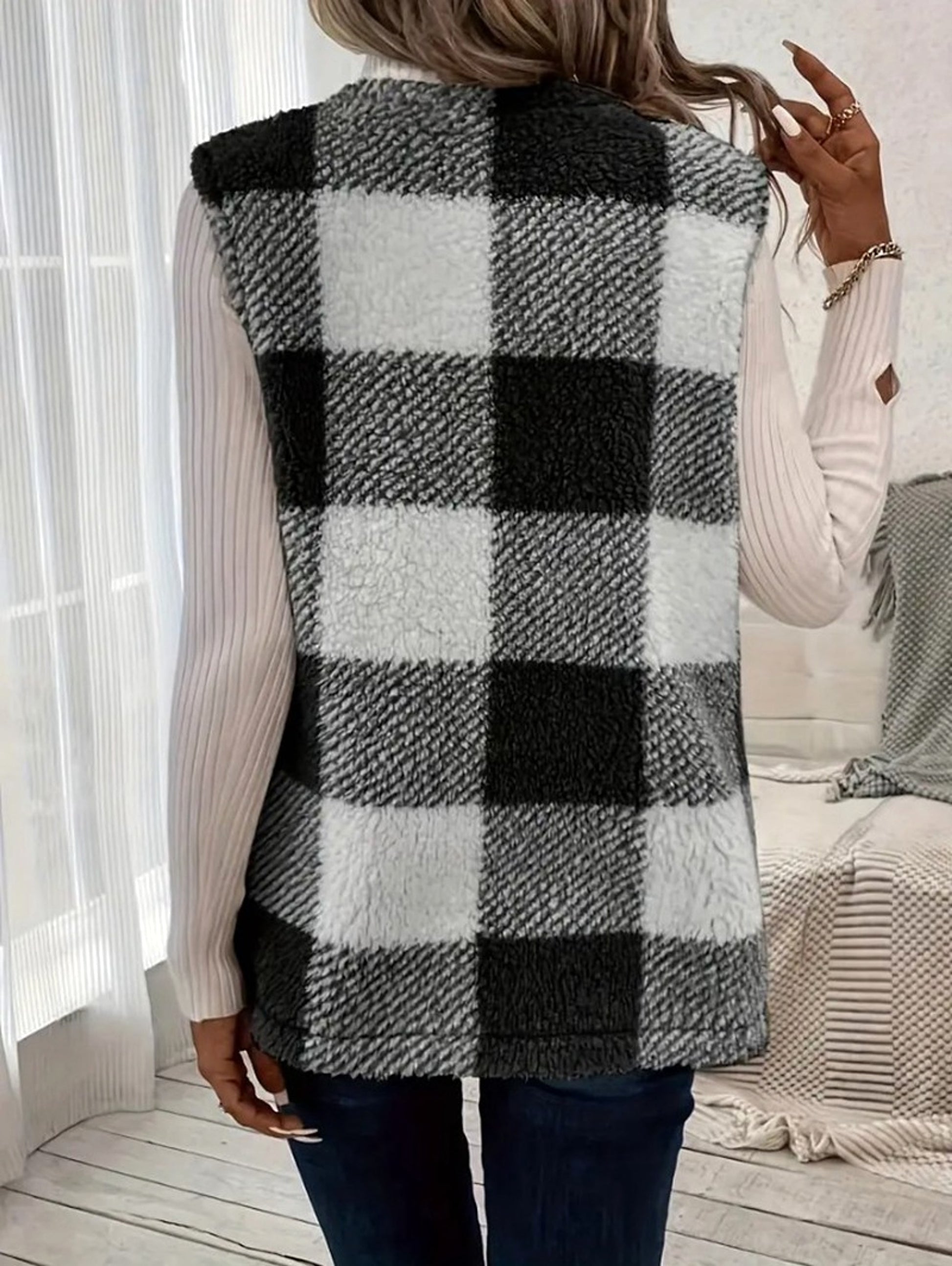 A.1 Coat Loose Plaid Color Stitching Knitted Cardigan Sweater Women - enhanced image 3
