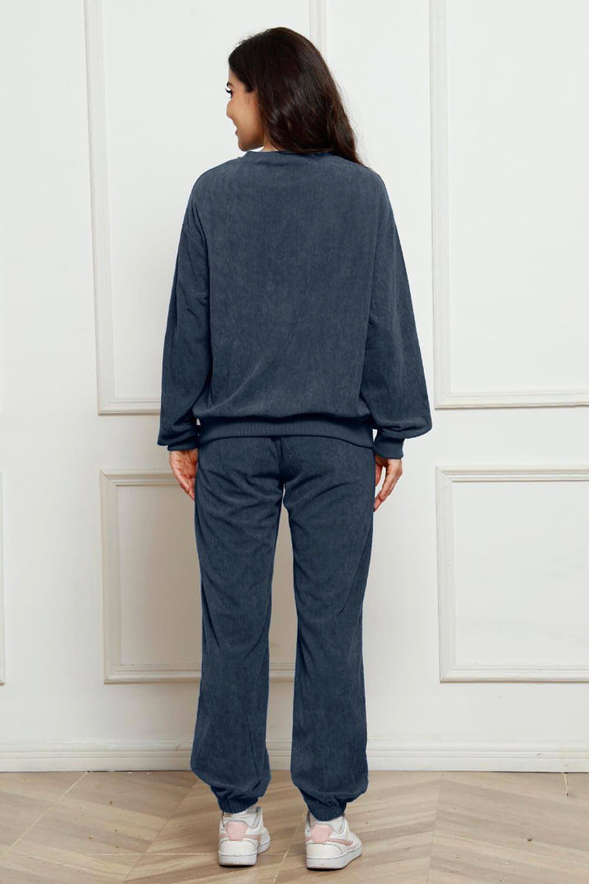 Corduroy Round Neck Sweatshirt and Sweatpants Set - enhanced image 3