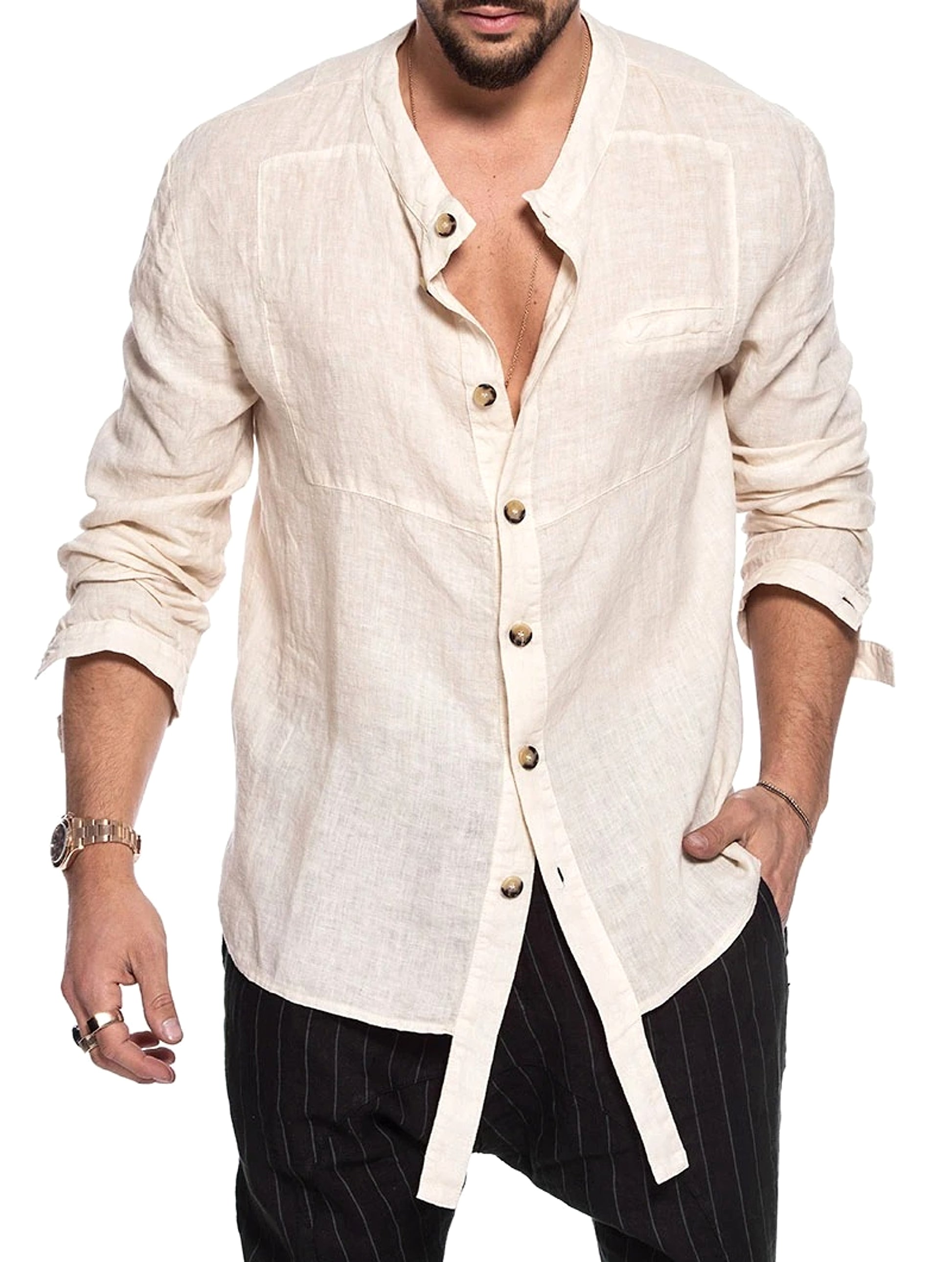 Cotton Linen Men's Long Sleeve DressShirt - enhanced image 3